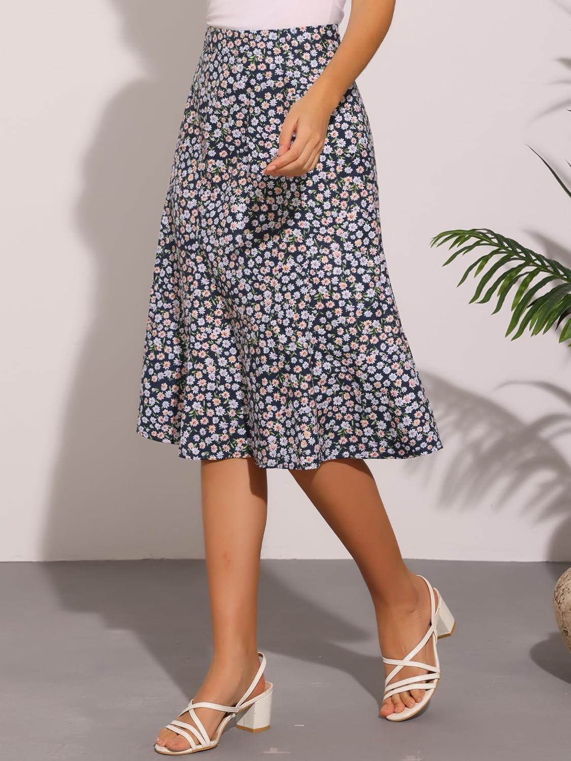 Allegra K Floral Skirt for Women's Elastic Waist A-Line Midi Skirts - Image 3