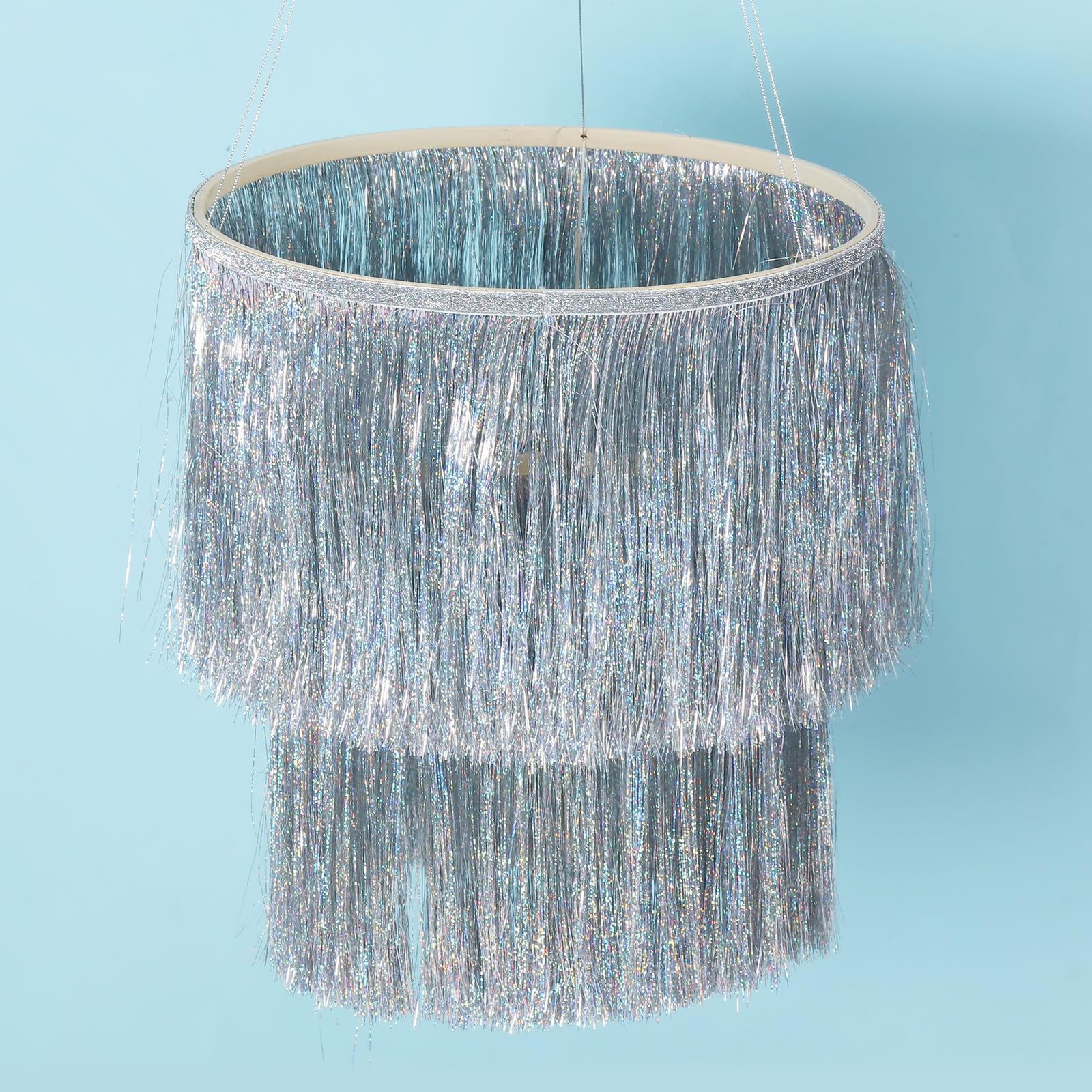 Silver Iridescent Fringe Tinsel Chandelier, Foil Fringe Chandelier Photo Booth for Birthday Party Decoration Disco Bachelorette Party New Years Eve Decor (Silver)