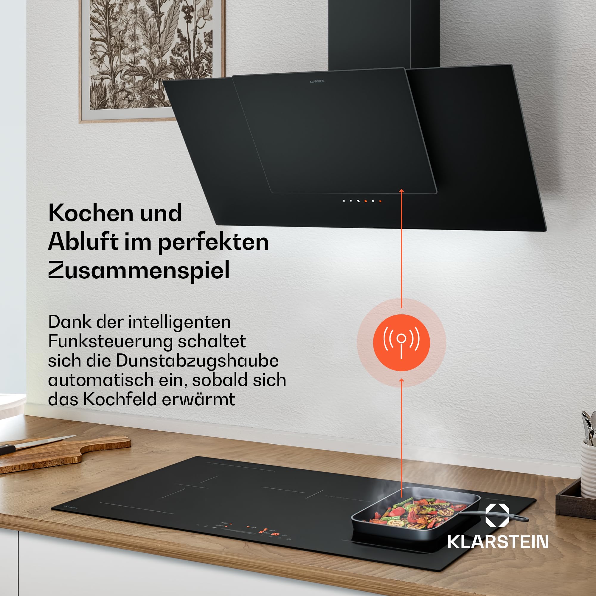 Klarstein HaloSync Induktionskochfeld mit Dunstabzug 90 cm – 5 Zonen, 11400W Boost, Touch-Slider, Flexzonen, Timer, Kindersicherung, Restwärmeanzeige, integrierter Dunstabzug