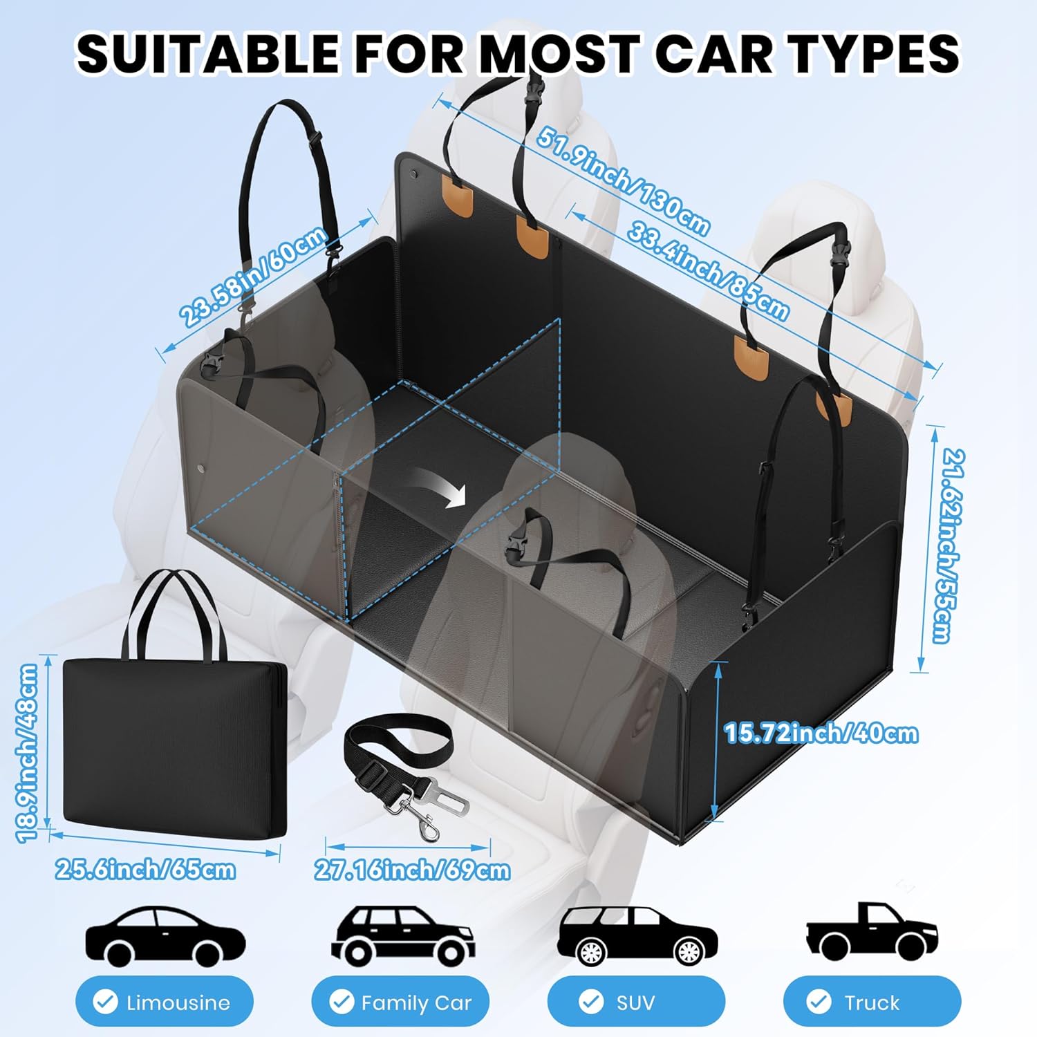 Dog Car Seat Cover, Waterproof Backseat Extender with Hard Bottom & Storage Pocket, 3 or 2 Seats Available, Dog Car Hammock Backseat Protector for Cars, SUV, Truck - Holds 400lbs