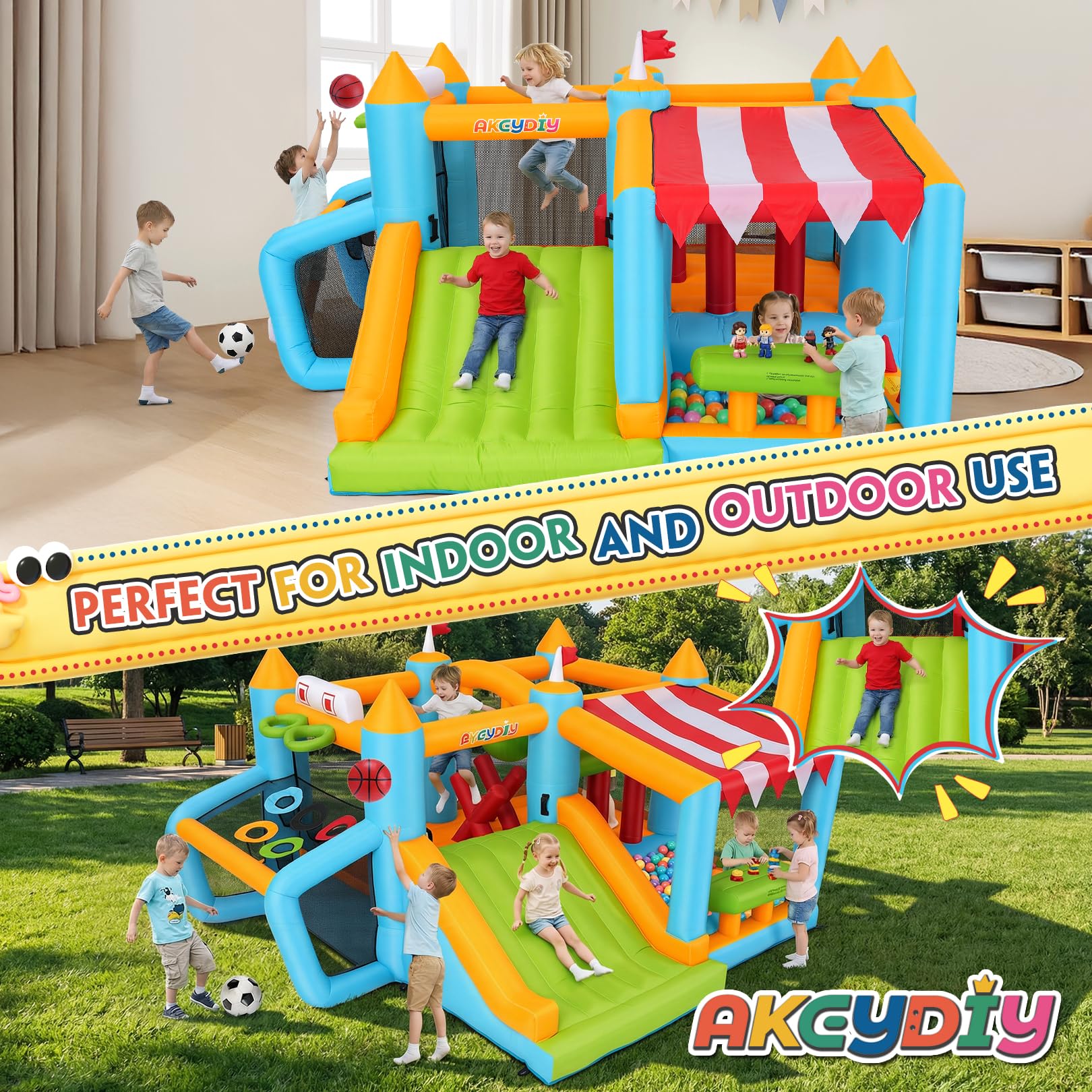 Château Gonflable avec Parcours d'obstacles pour Enfants de 3 à 12 Ans, 3,8 x 3,4 m, pour intérieur et extérieur, avec Toboggan, Piscine à balles, Surface de Saut, Terrain de Football, Panier de