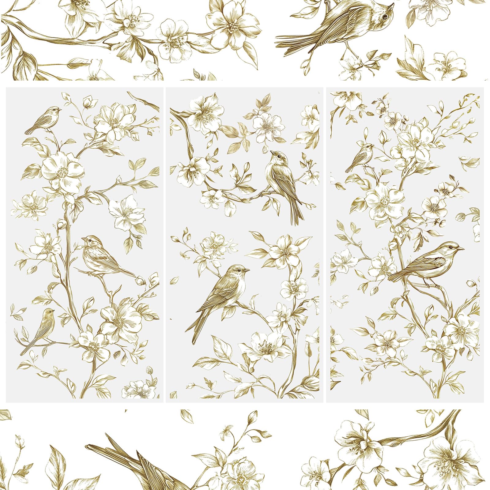 WANDIC 3 fogli di adesivi trasferibili con fiori dorati e uccellini, decalcomanie impermeabili per scrapbooking, decalcomanie fai da te per decorazione, 15 x 30 cm