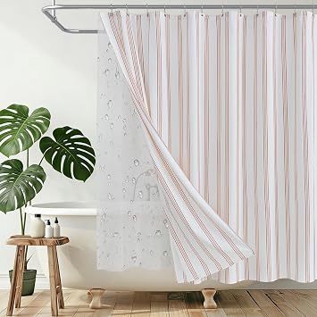 ORTIGIA 3 in 1 Terracotta Striped Shower Curtain PEVA Liner Set 72x72 Inch