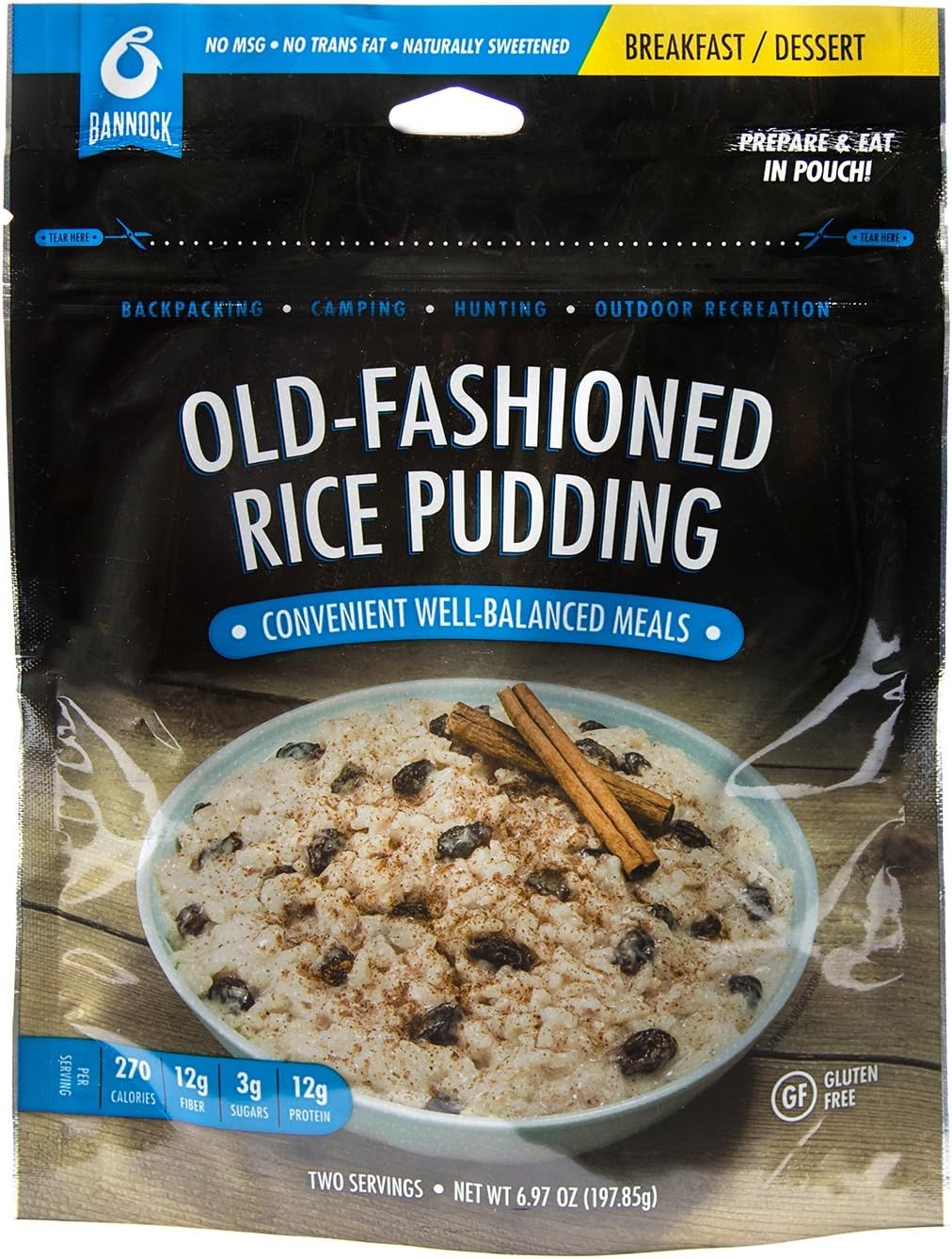Bannock Old Fashioned Rice Pudding - 1 Pouch - 2.5 Servings - Gluten Free Freeze Dried Camping, Hiking & Backpacking Dessert - Cook in Pouch Camp Breakfast