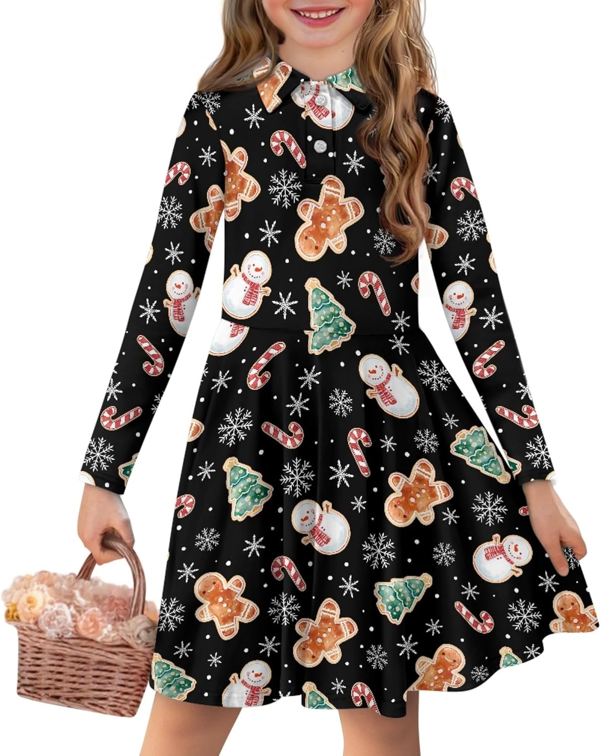 AmzPrint Long Sleeve Christmas Polo Dress for Little Girls Peter Pan Collar Regular Fit Printed Midi Smocked Dress for Girls