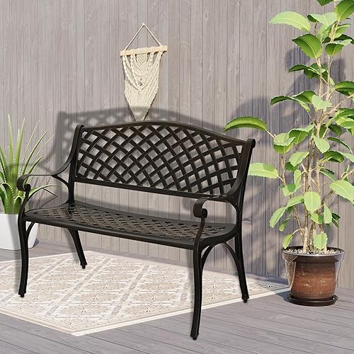Miniatura 4 de Banco de jardín para exteriores, banco de parque, banco de metal para porche, banco delantero de aluminio fundido para interiores y exteriores, para