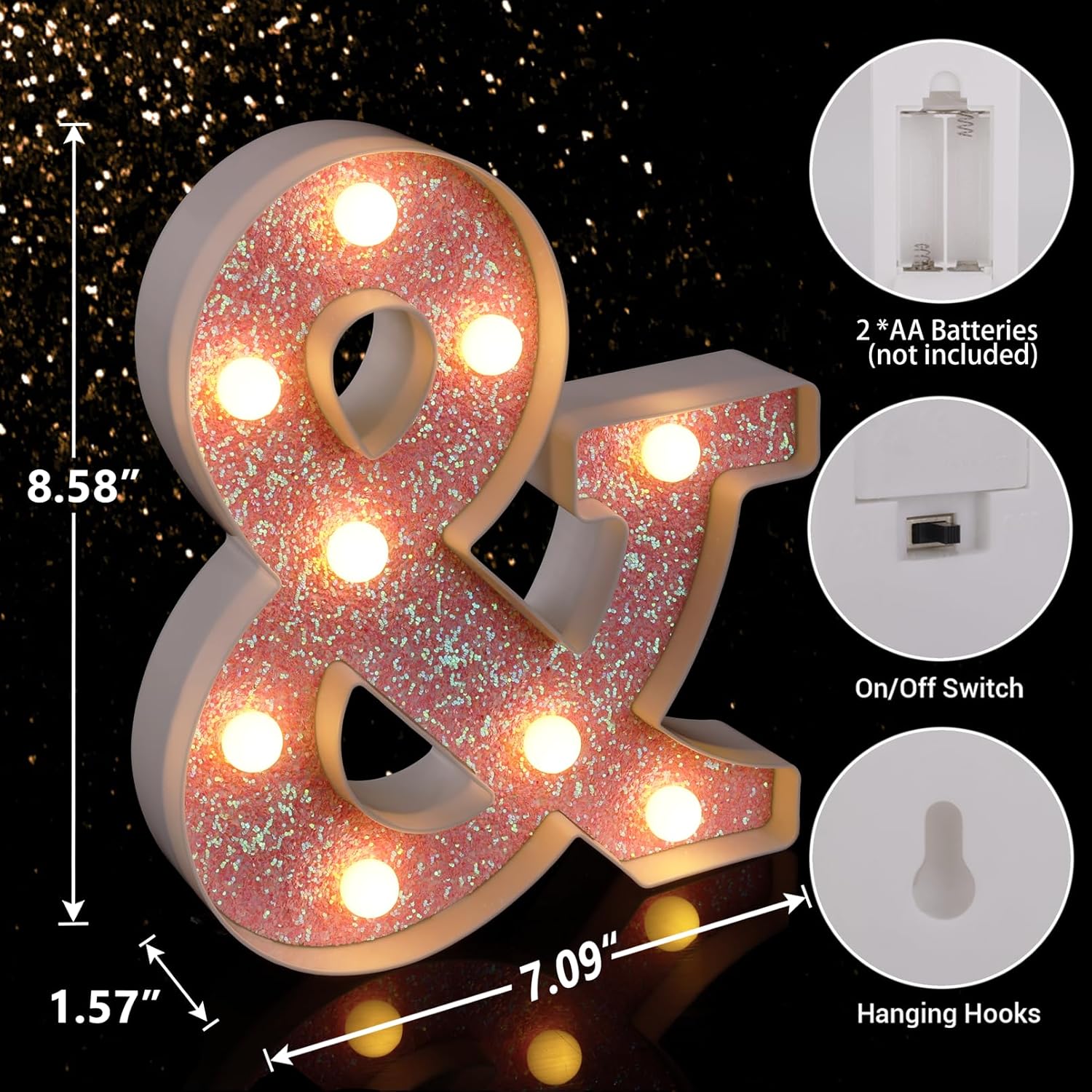 LED Letter Lights Pink Glitter Marquee Letters Light Up Alphabet Letters Sign Battery Powered for Home Party Decoration Night Bar Wedding Birthday Christmas Lamp Girls Gift - Letter &