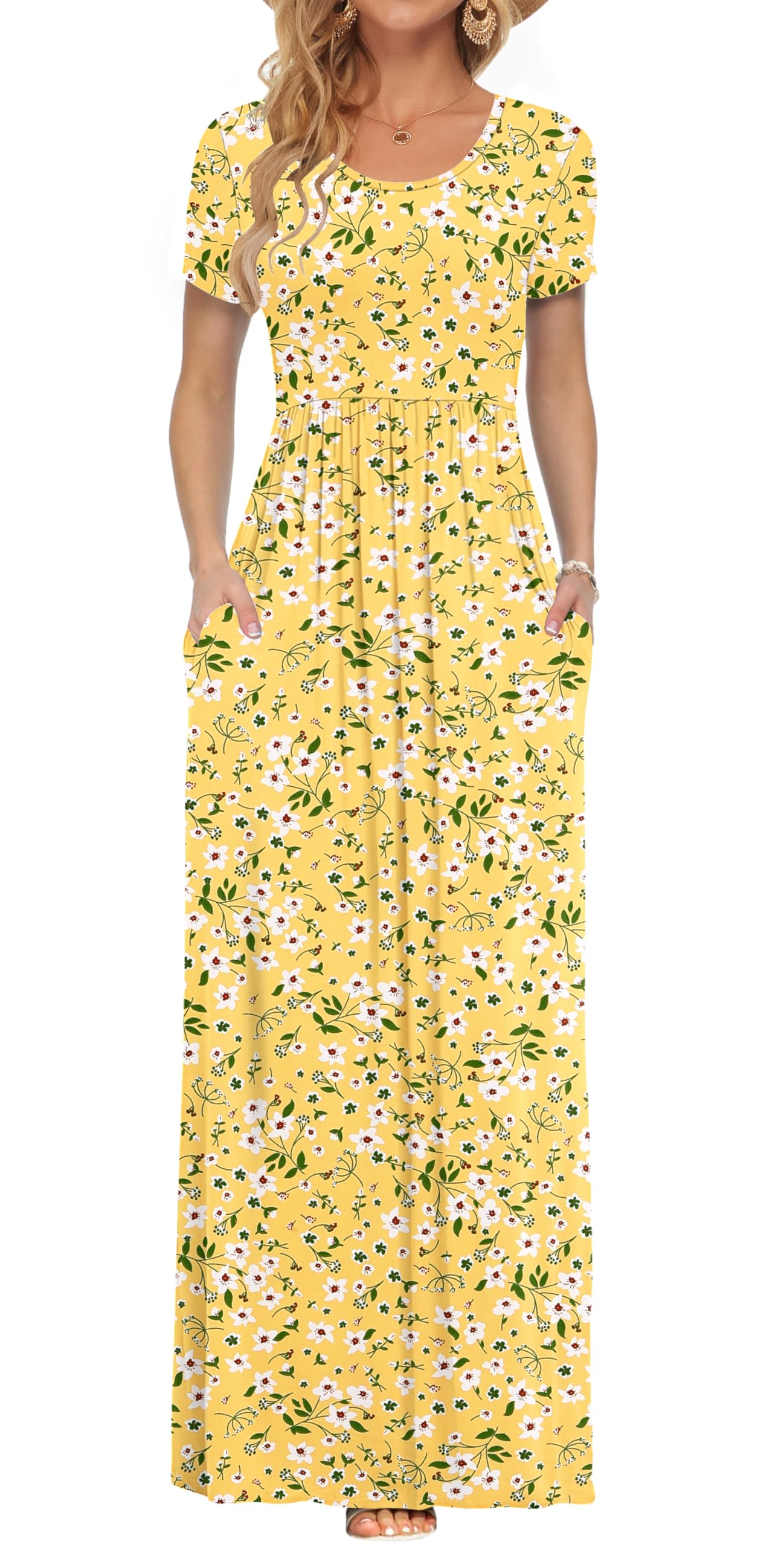 AUSELILY Women's Summer Short Sleeve Loose Plain Casual Long Maxi Dresses | Year Round wear solid floral print, Casual wear, Empire waist, Floor length, Side pockets