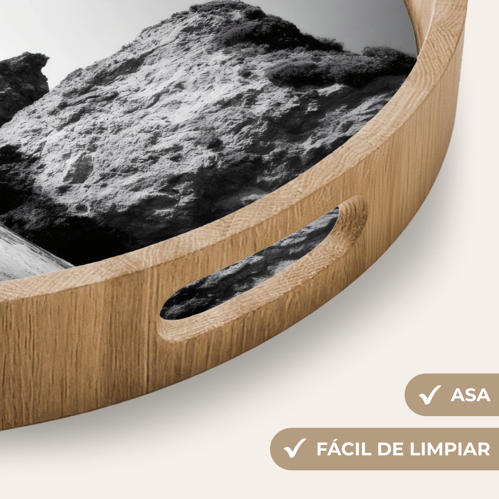 Bandejas para Servir Comida Redonda 40x40 cm Bandeja Desayuno Decorativa Cafe Tabuleiro Resistente A Los Arañazos Antideslizante Playa - Acantilado - Olas - Pisadas