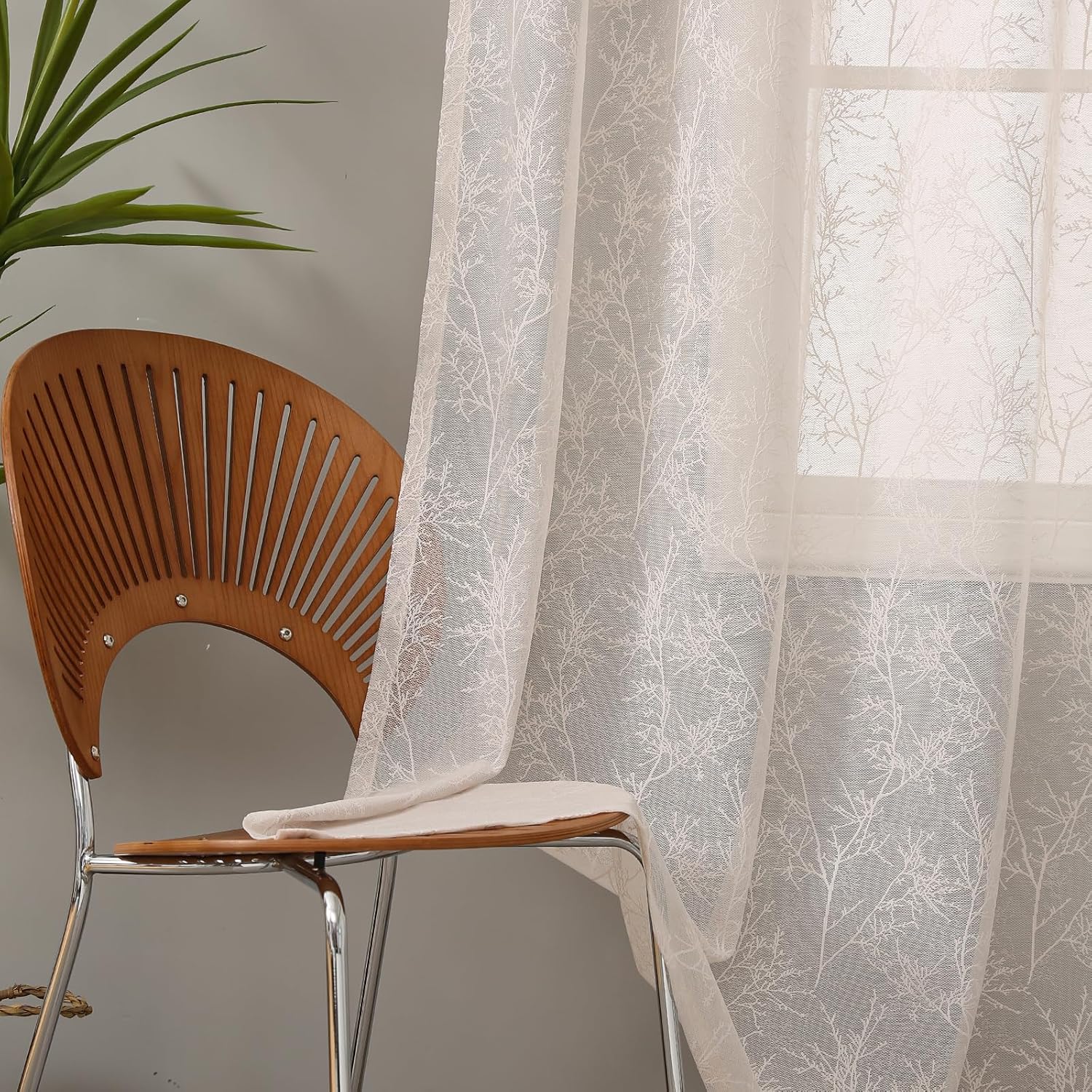 Linen Sheer Curtains for Bedroom, Lace Curtains 72 Inch Length 2 Panels Set Grommet Top Semitransparent Privacy Window Treatment Light Filtering for Living Room (2 Panels, W54 X L73, Beige Rococo)