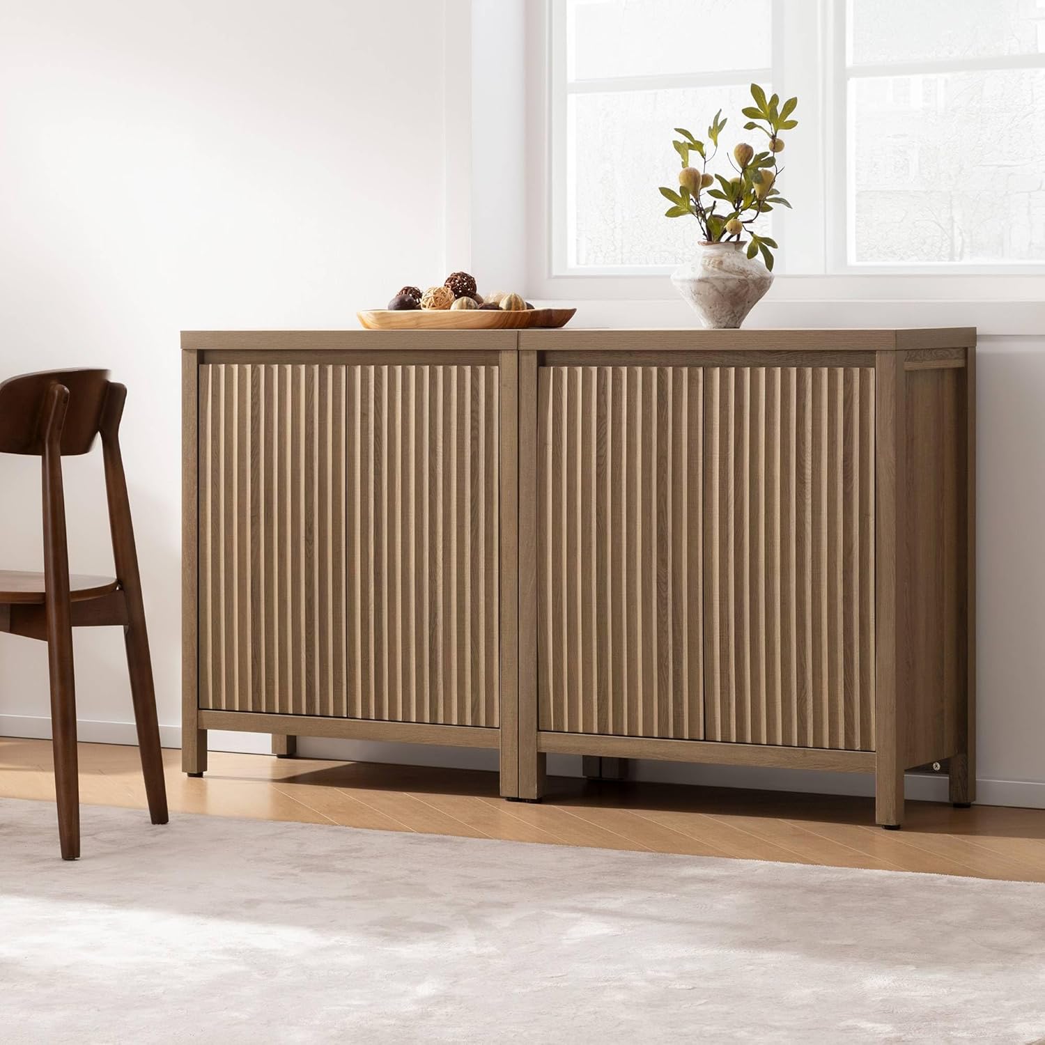 SICOTAS Sideboard Buffet Cabinet with Storage, Fluted Credenza Console Cabinet with Adjustable Shelves, Farmhouse Coffee Bar Storage Cabinets for Kitchen, Living Room, Entryway, Caramel Oak, 2 PCS