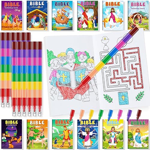 BenLouis 24 mini libros cristianos para colorear para niños con 24 crayones apilables, versículos de la Biblia, recuerdos de fiesta, libros de