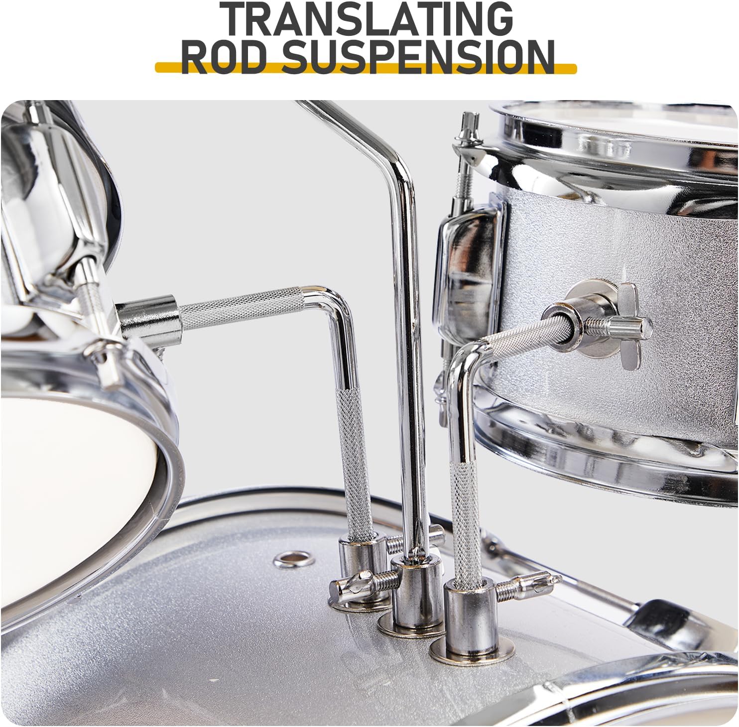 3-Piece Drum Set for Kids, 14-Inch Kids Beginner Junior Drum Set with Cymbals, Pedal, Stool, Screw Wrench,Two Pairs of Drumsticks – Silver