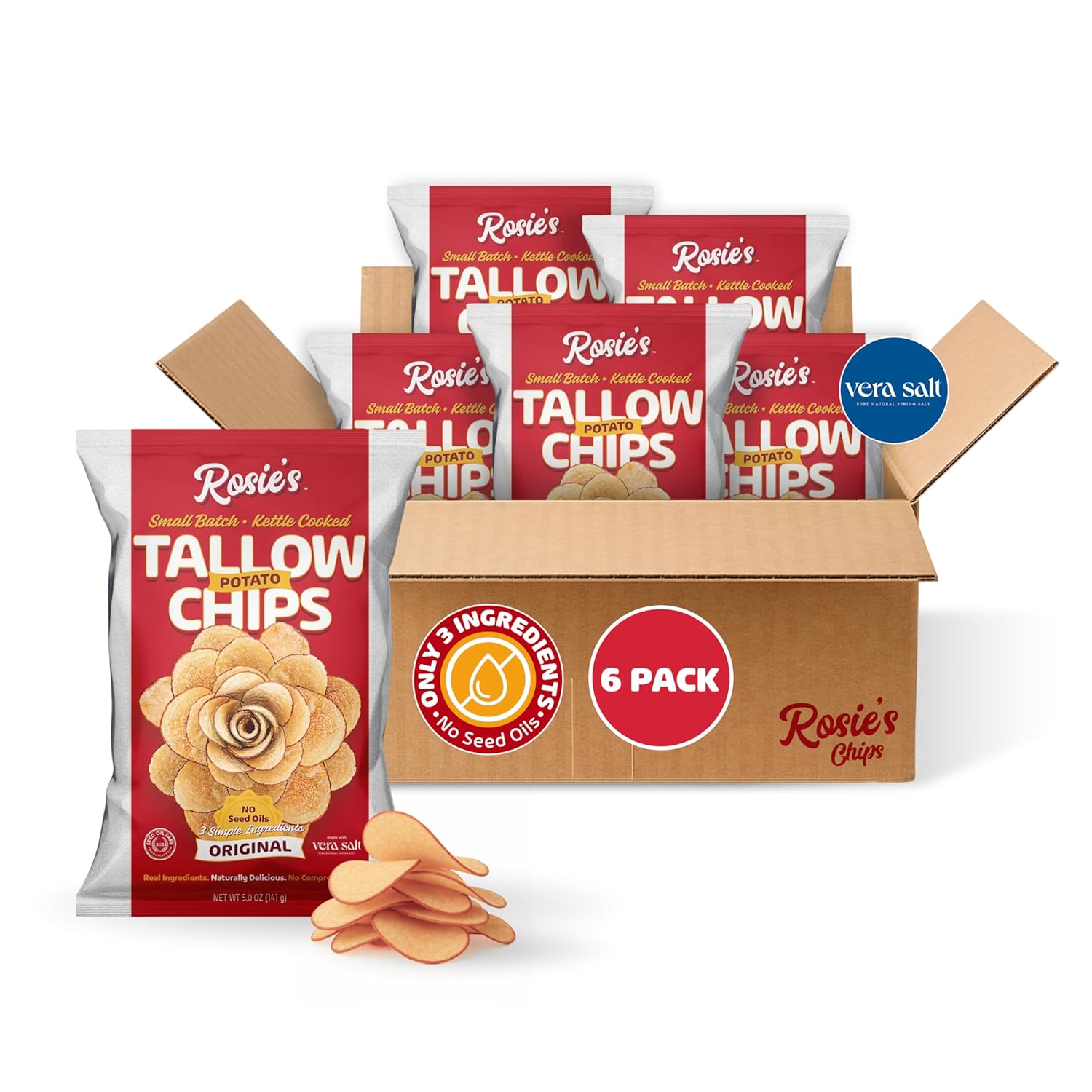 Rosie’s Beef Tallow Chips – Kettle Cooked Potato Chips in Grass Fed Beef Tallow – Non-GMO Idaho Potatoes with Vera Sea Salt – Seed Oil Free Snacks – 5oz Bags (6 Pack)