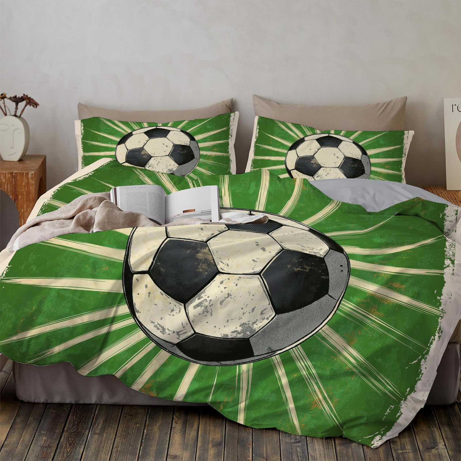Housse de couette 200x200 football vert avec 2 taies d'oreiller