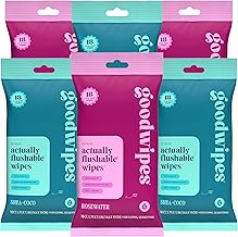 goodwipes Flushable Wipes Travel Size - Extra Large Adult Wet Wipe - On-the-Go Portable Wipes - Sewer & Septic Safe - Hygiene Essentials - Shea Coco & Rosewater, 108 Count (6 Packs)