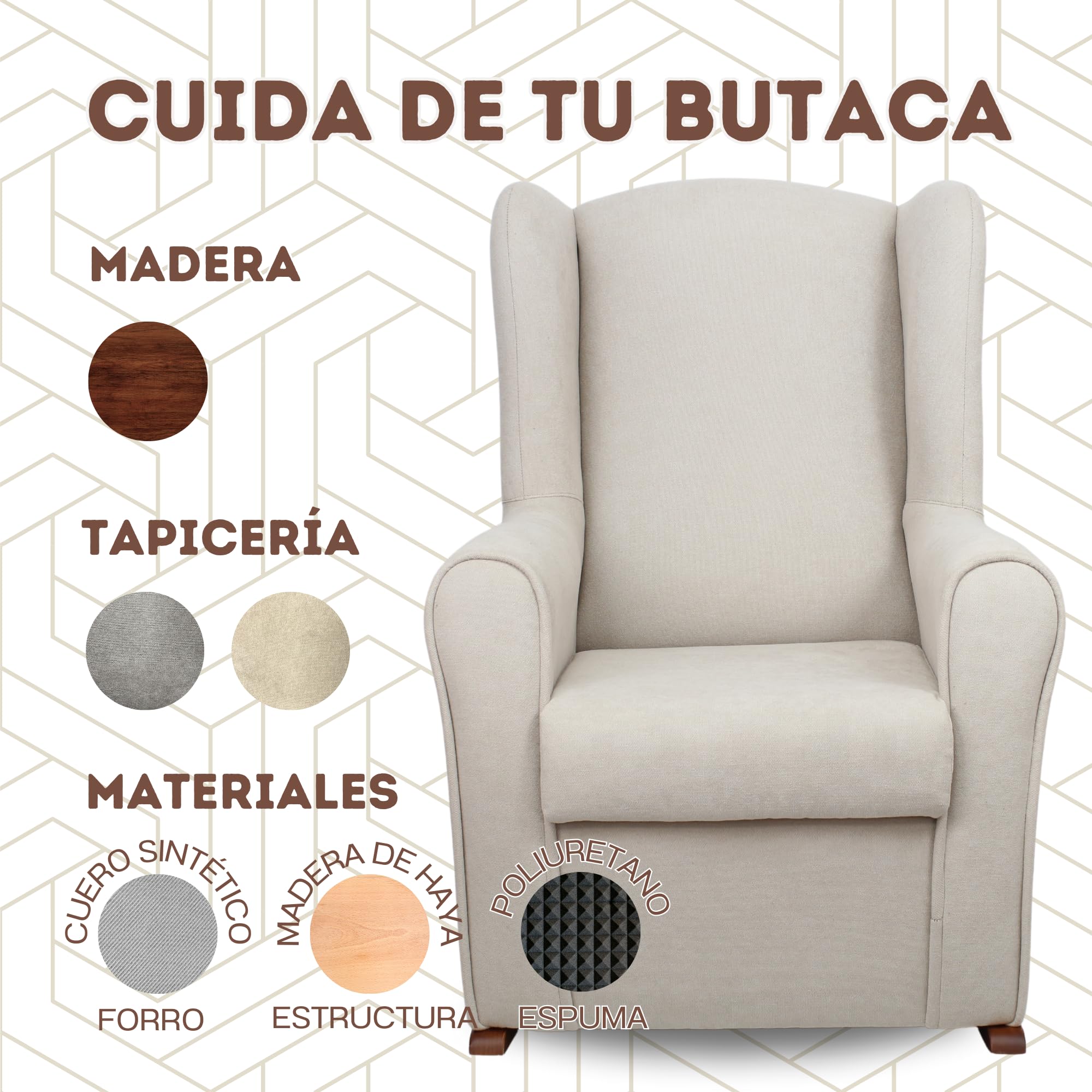HOME DESIGN & CONFORT® Sillón Orejero Balancín Viena con Tela Antimanchas para Dormitorio, Salón, etc | Mecedora Orejera Fabricado en España (Beige)