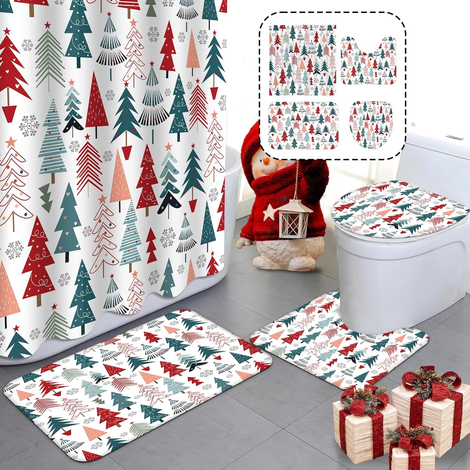 MEHOFOND 4pcs Christmas Shower Curtain Sets with Non-Slip Rugs, Toilet Lid Cover and Bath Mat - Christmas Tree, Snowflake Pattern Winter Xmas Tree Holiday Bathroom Decor