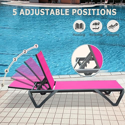 Miniatura 5 de Domi - Juego de 2 sillas para patio, tumbonas de aluminio con respaldo y ruedas ajustables de 5 posiciones, sillas de salón al aire libre para