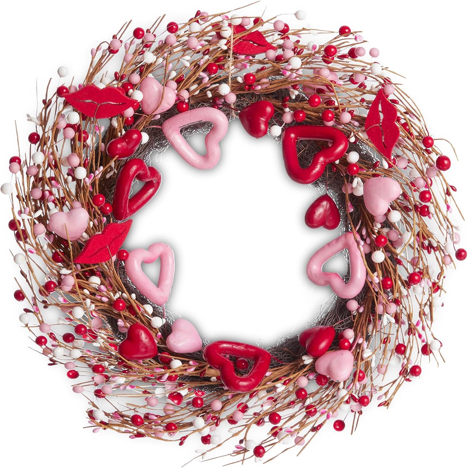 WDS WONDROUS 18.8 Inch Valentine's Day Wreath, Heart and Lip Decor with Red Pink Berries for Front Door, Wedding, Party Decorations