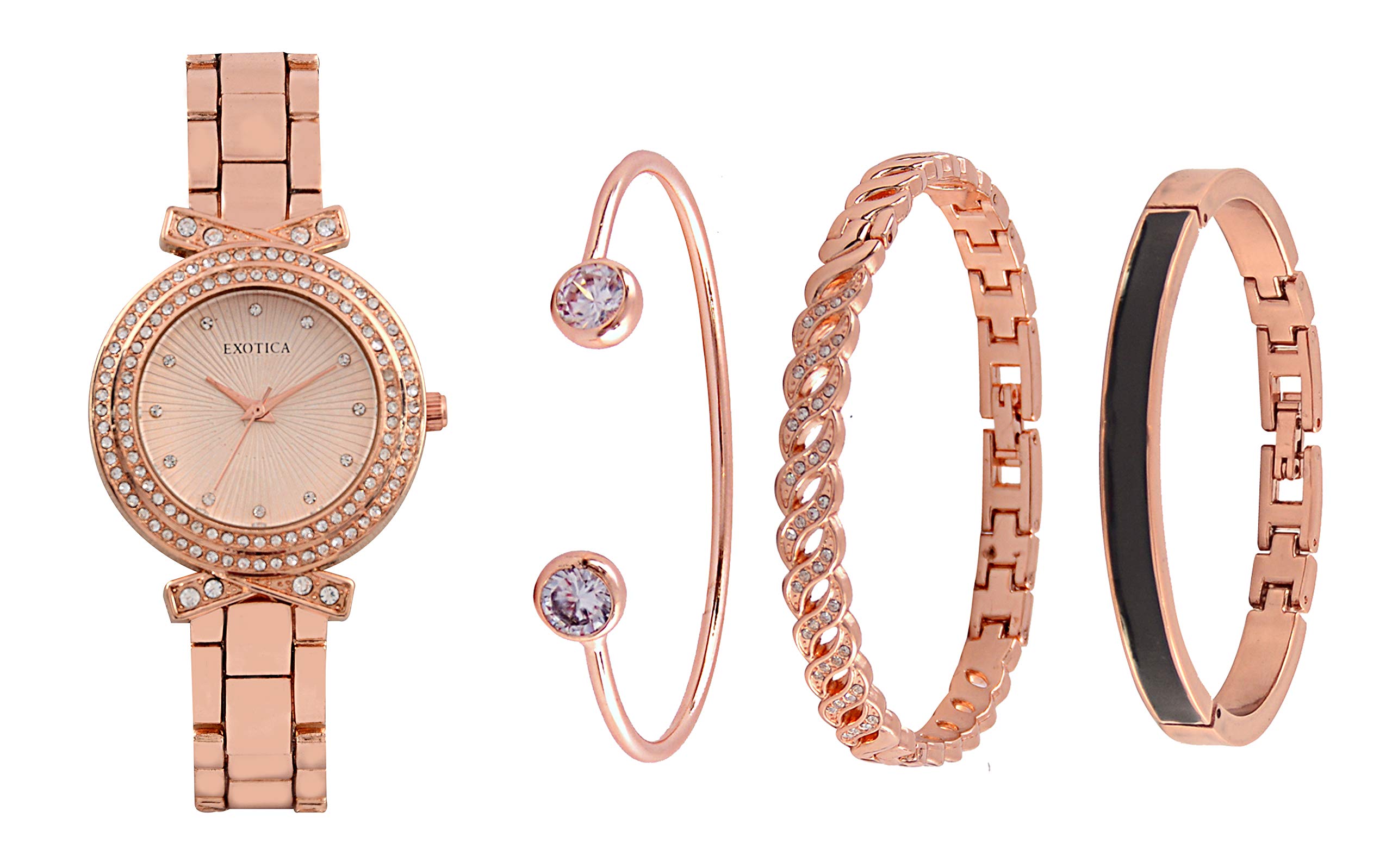 Exotica Fashions Womens Swarovski Crystal Accented Texture Bangle Watch and Bracelet Set (Pack of 4) (B08DNJ7XNQ) Amazon Price History, Amazon Price Tracker