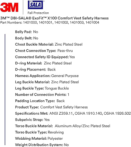 Miniatura 3 de 3M DBI-SALA ExoFit X100 - Arnés de seguridad para chaleco cómodo, protección contra caídas, OSHA, ANSI, uso general, 1 anillo en D, hebilla de