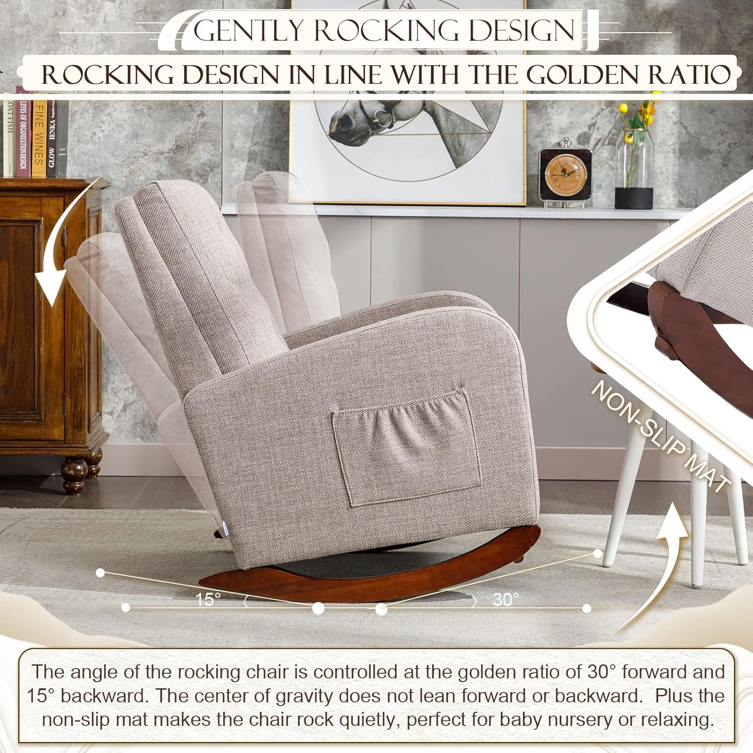 KINFFICT Comfy Rocking Chair, Upholstered Accent Glider Rocker for Baby Nursery or Relaxation, Living Room Armchair with High Back and Buttons Decor, Modern Rocking Glider with Side Pocket, Camel