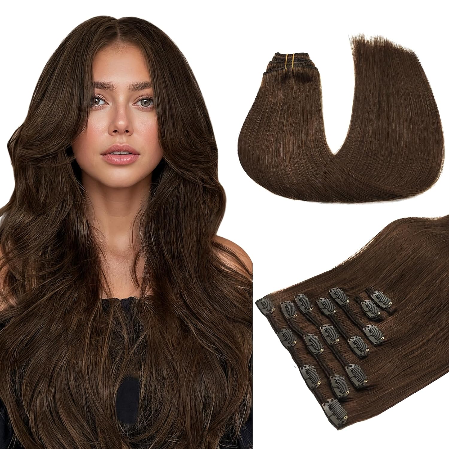 MAXITA Clip in Hair Extensions Real Human Hair, 7 pcs Chocolate Brown 20 Inch 80g, Clip ins Remy Hair Natural Straight Hair for Woman