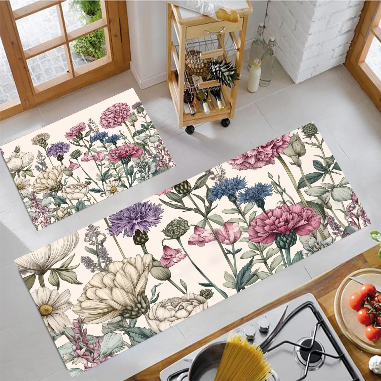 Alfombrilla de cocina antifatiga de diseño artístico pintado a mano en pack de 2 piezas