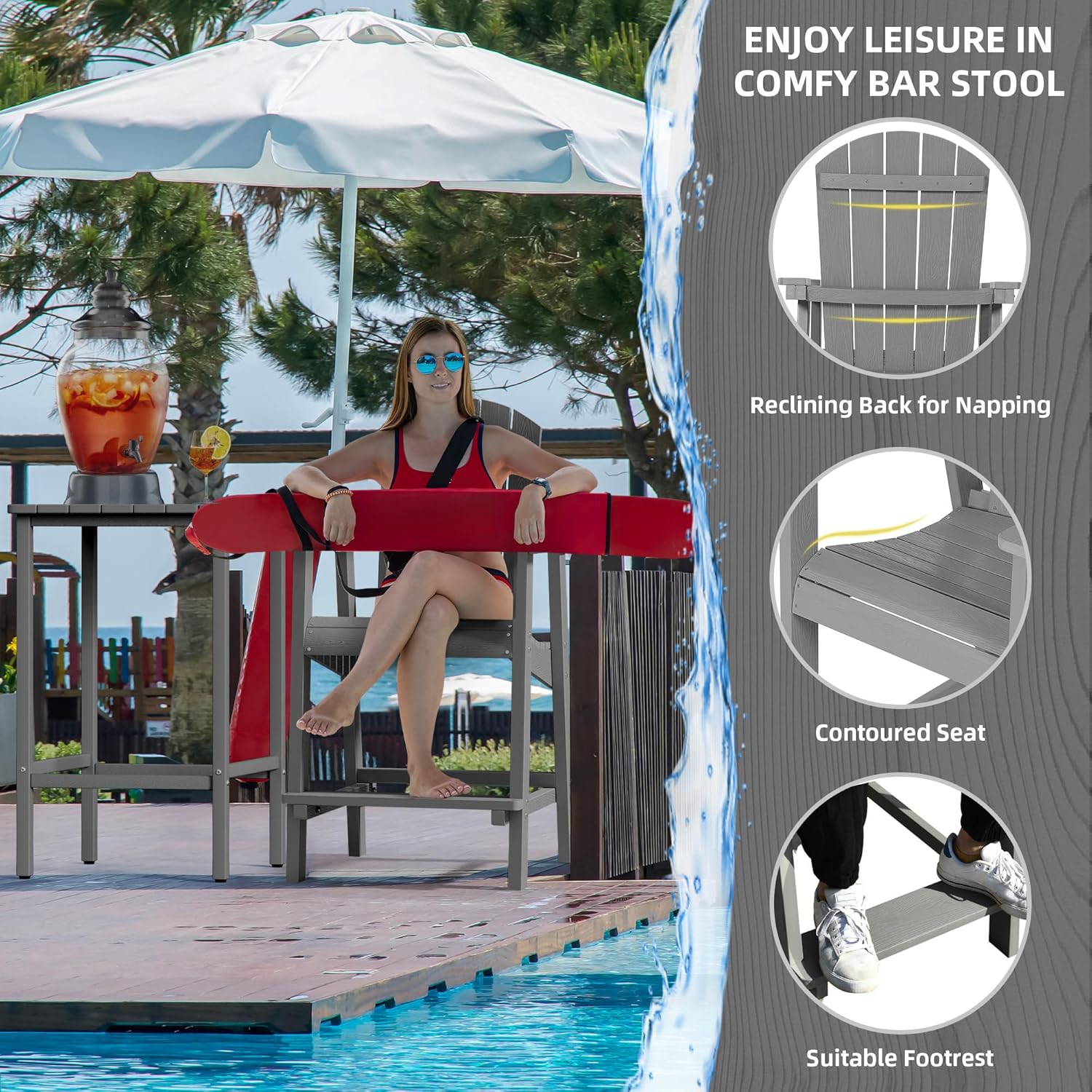 DWVO 25" Tall Adirondack Chair, HIPS Bar Stools Outdoor Seating High Back Outdoor Chairs Lifeguard Chair, Ideal for Deck, Pool, Patio, Porch, Balcony, Gray