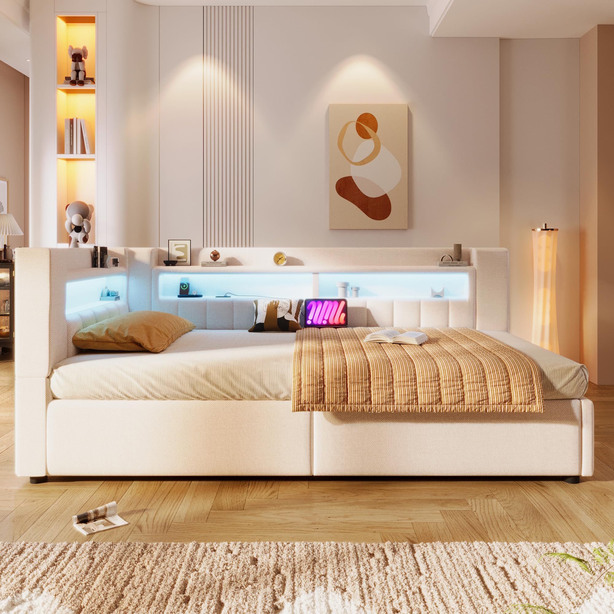 Moimhear Daybett, Hydraulische Lagerungt, Mit USB Typ-C Ladefunktion, Sofabett, Einzelbett, Ohne Matratze, Leinen, minimalistischer Stil (Beige, 90x200cm)