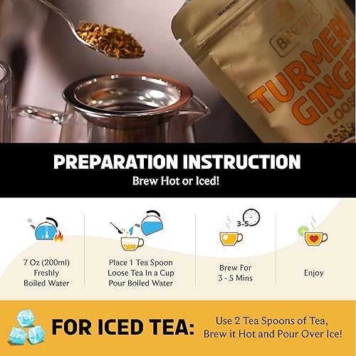 Miniatura 7 de BREWIX, Té de hierbas sueltas de cúrcuma y jengibre (más de 100 tazas, 7.05 oz200 g) sin cafeína y gluten  Té de raíz de jengibre  Salado y picante