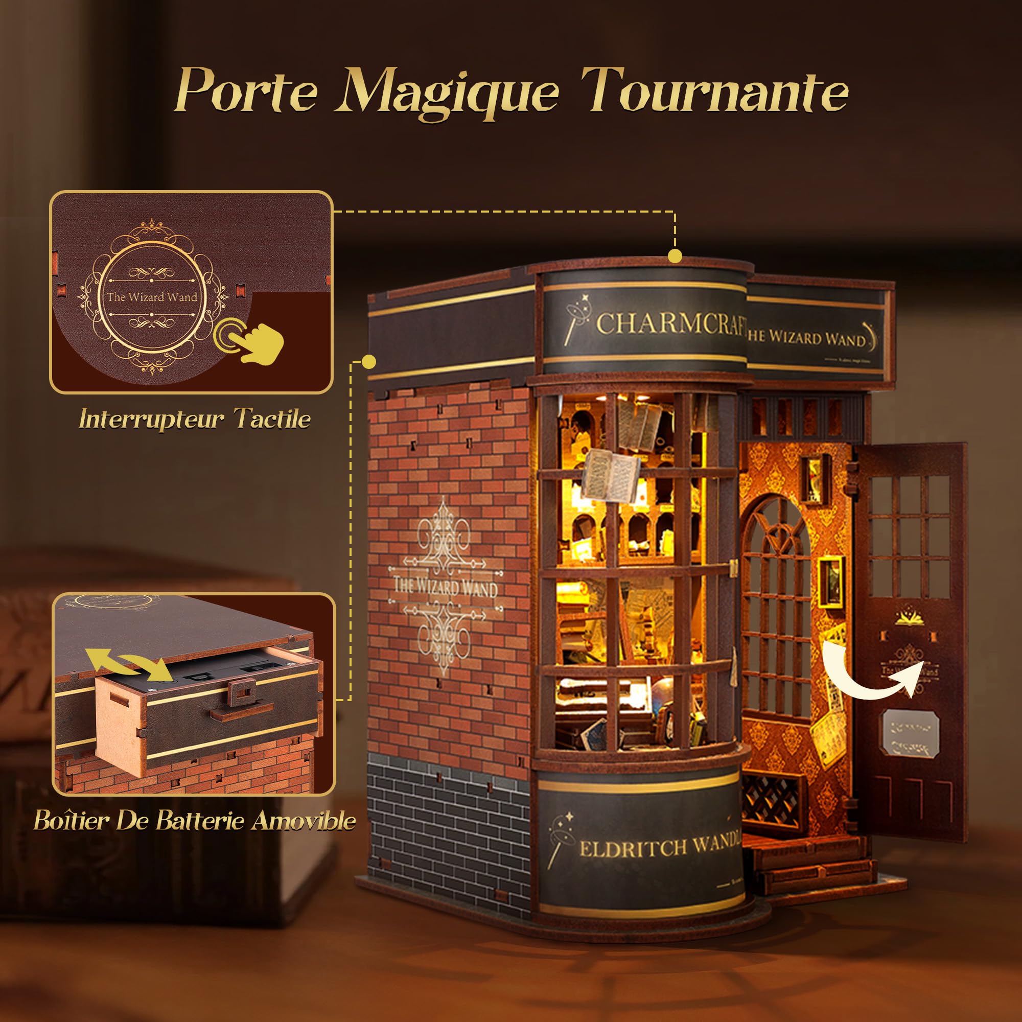 FUNPOLA Puzzle en Bois 3D Baguette de Sorcier Kit de Coin de Livre - Décoration avec lumière LED pour bibliothèque Miniature - Cadeau décoratif à Exposer (Magasin de Baguettes)