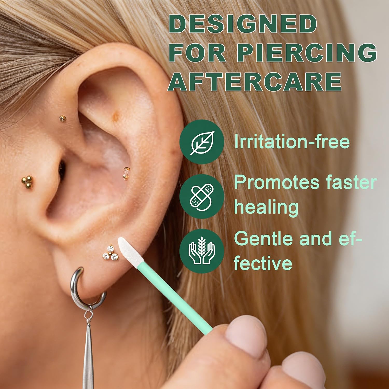 Piercing Aftercare Swabs - 50 count Lint-Free Microfiber Sponge Tips to Clean & Reduce Bumps for Ear, Nose, Belly Button Piercings, Faster Recovery
