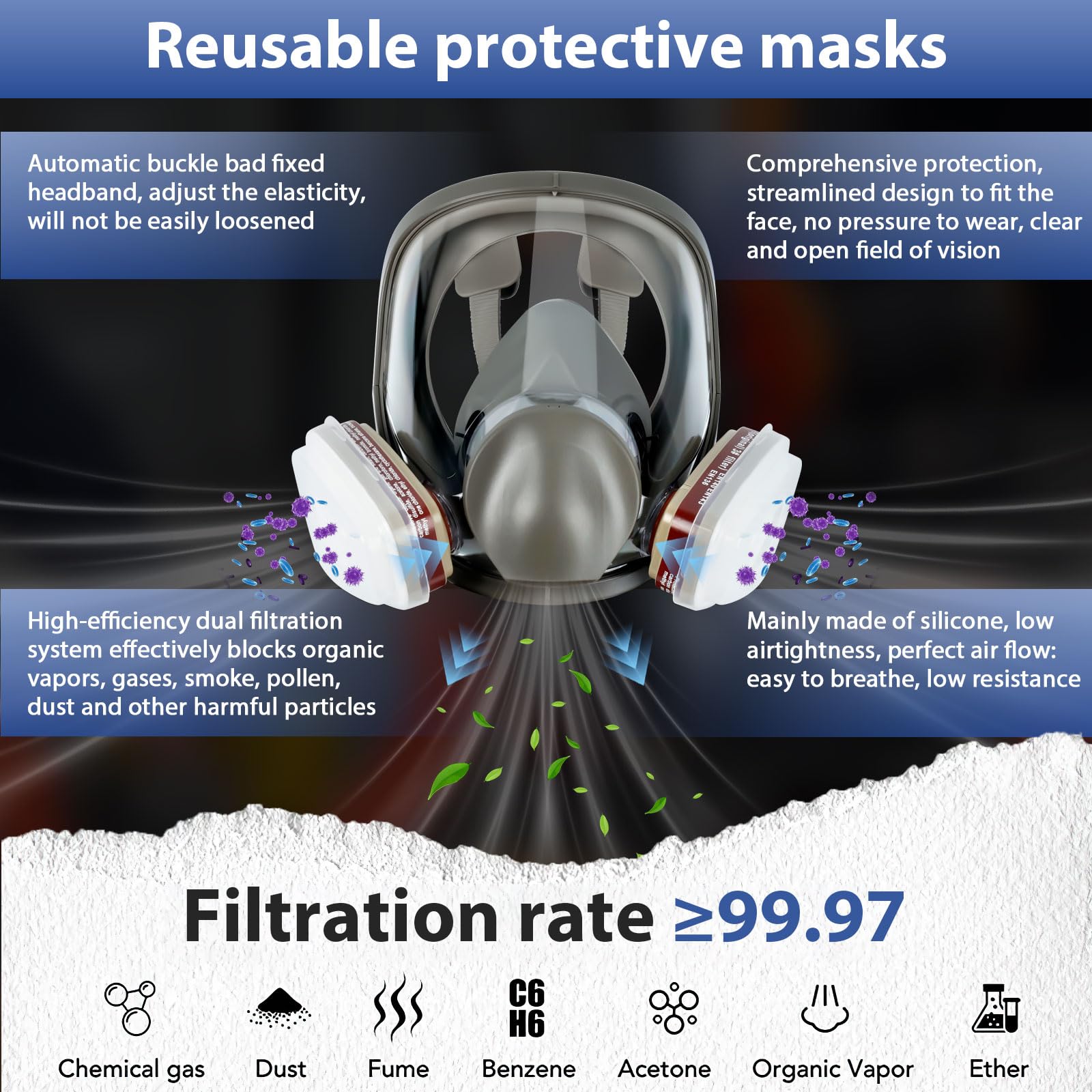 Maschera Antigas,Maschera Respiratoria a Pieno Facciale,Riutilizzabile Maschera Antipolvere con 10 Filtri e 5 Paia di Guanti,Maschera per Verniciatura per Verniciatura a spruzzo,DIY lavoro,Agricoltura