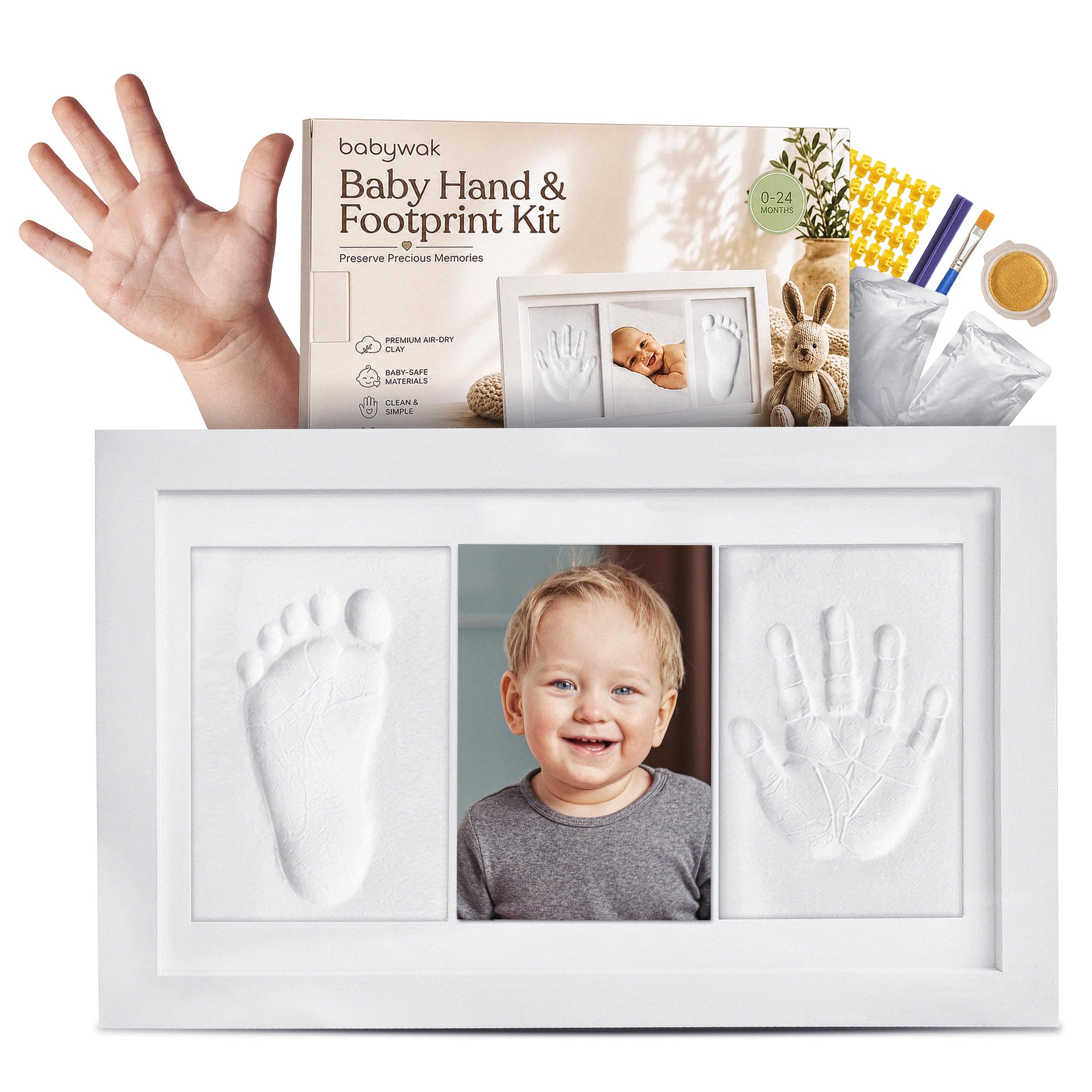 Babywak Baby Abdruckset Hand und Fuß aus Ton mit 3-in-1 Bilderrahmen | Handabdruck & Fußabdruck Set, Gipsabdruck-Alternative, personalisierbar mit Name & Gold, Geschenk zur Geburt, Babyparty
