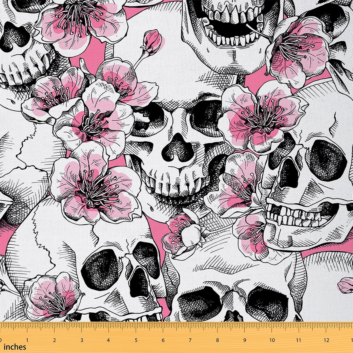 Sketch Skull Fabric by The Yard Watercolor Pink Cherry Blossom Flowers Fabric for Sewing Lovers Gothic Style Rustic Wild Floral Decor Fabric for DIY Upholstery and Home Accents 5 Yards