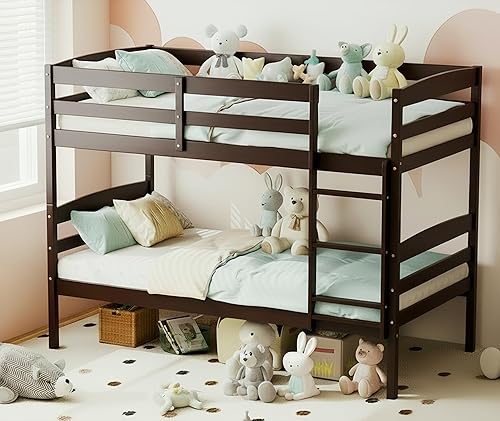 KOMFOTT - Litera con tamaño doble sobre dos individuales, estructura de litera de madera con barandilla de longitud completa y escalera integrada,