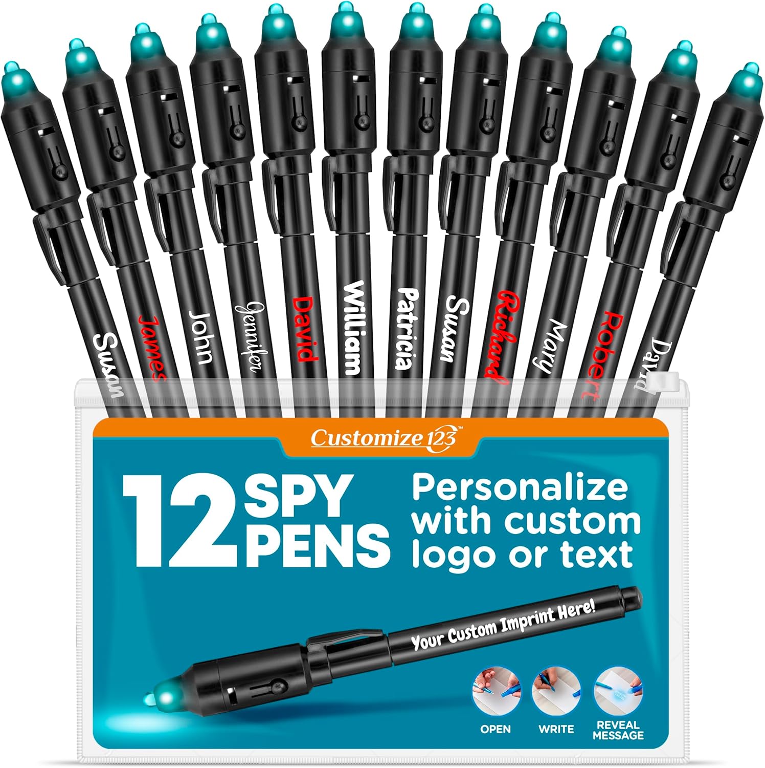Personalized Invisible Disappearing Ink Pen Marker Pack, Custom Secret Spy Message Writer with UV Light, Fun for Kids Party Favors Gifts and Stock Stuffers, 24 Pack, Black
