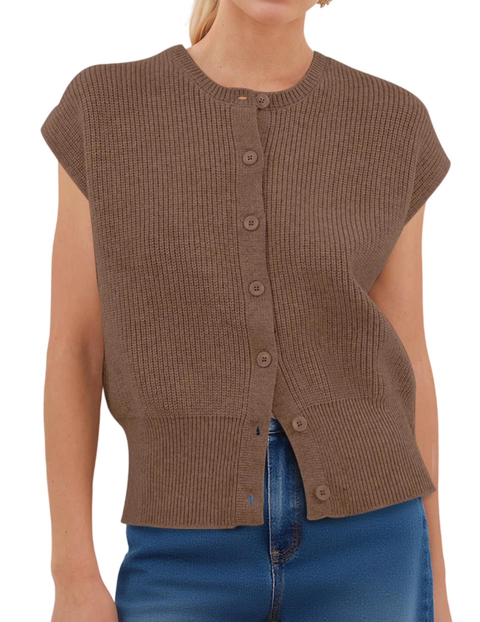 Sweater Vest Women Sleeveless Button Down Round Neck Knitted Tank Tops Business Casual Fall Cap Sleeve Vest