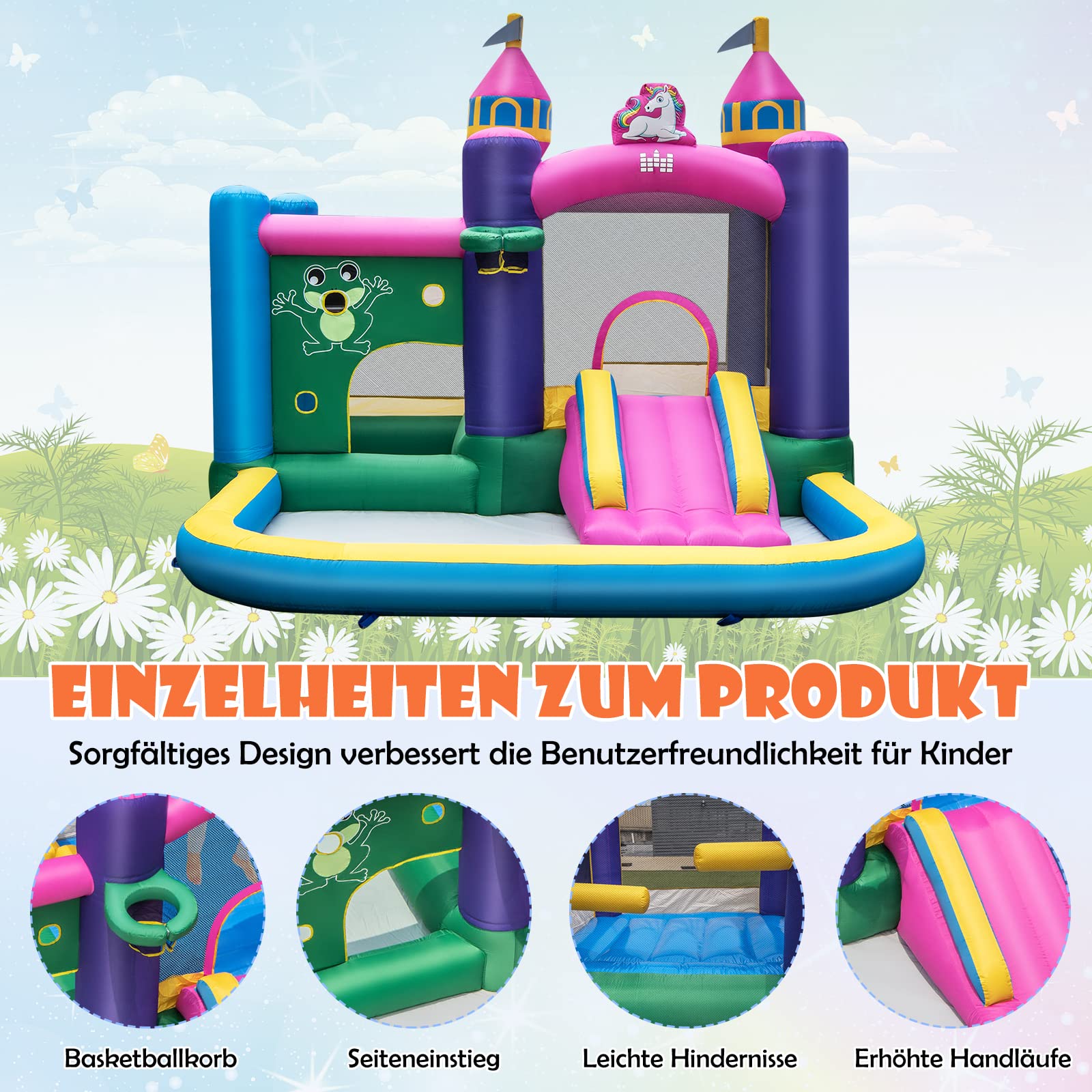 COSTWAY Hüpfburg mit Gebläse, Sprungbereich, Rutsche & Planschbecken, Kinder Springburg für Indoor & Outdoor, inkl. Tragetasche, 327 x 392 x 270 cm