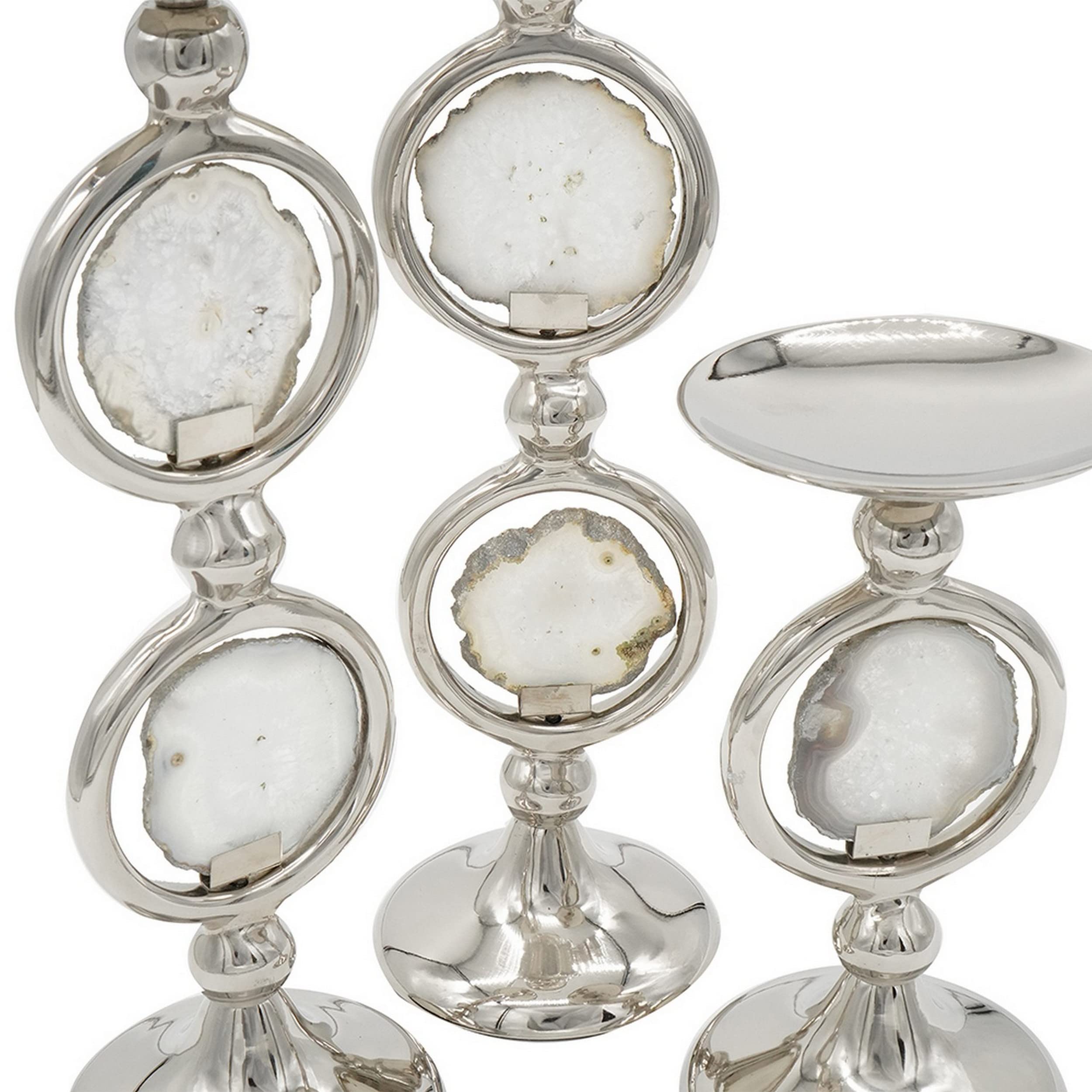 Benjara Set 22, 16, 10 Inch Pillar Candle Set of 3, Agate Stone, Metal Frame, Silver and White