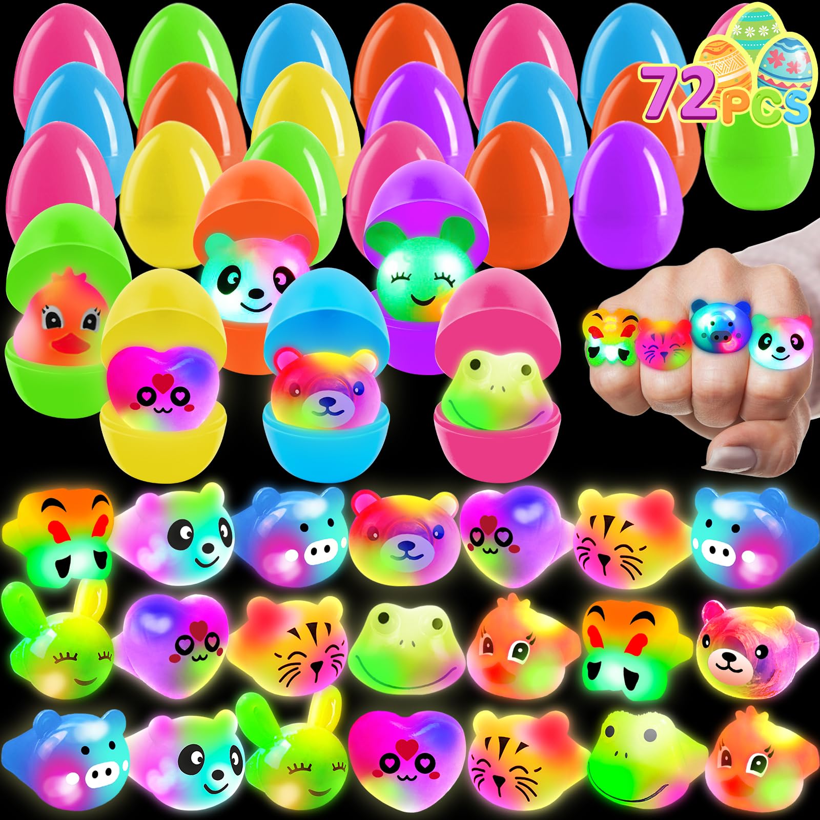 36 Pack Easter Eggs with Light Up Rings Easter Egg Fillers Easter Basket Filler Stuffers for Toddlers Kids, Glow in The Dark Easter Eggs Hunt Supplies, Easter Party Favor Gifts for Boys Girls