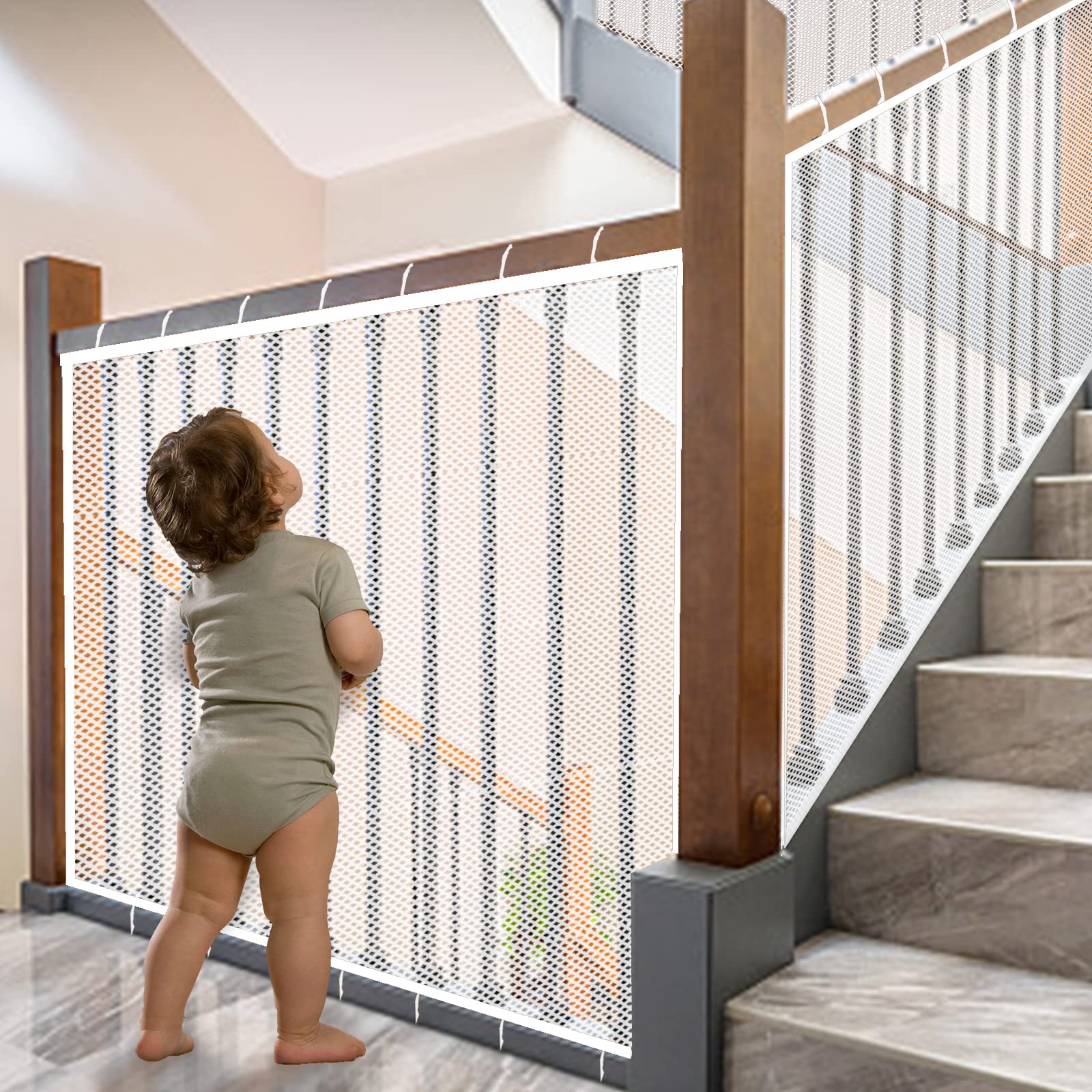 JIFTOK Baby Gate for Stairs, Banister Guard for Kids, Pets, Toys, 21.6 ft L x 2.66 ft H, Mesh Netting Safety Net for Balcony Rail Stair, Stairway Net