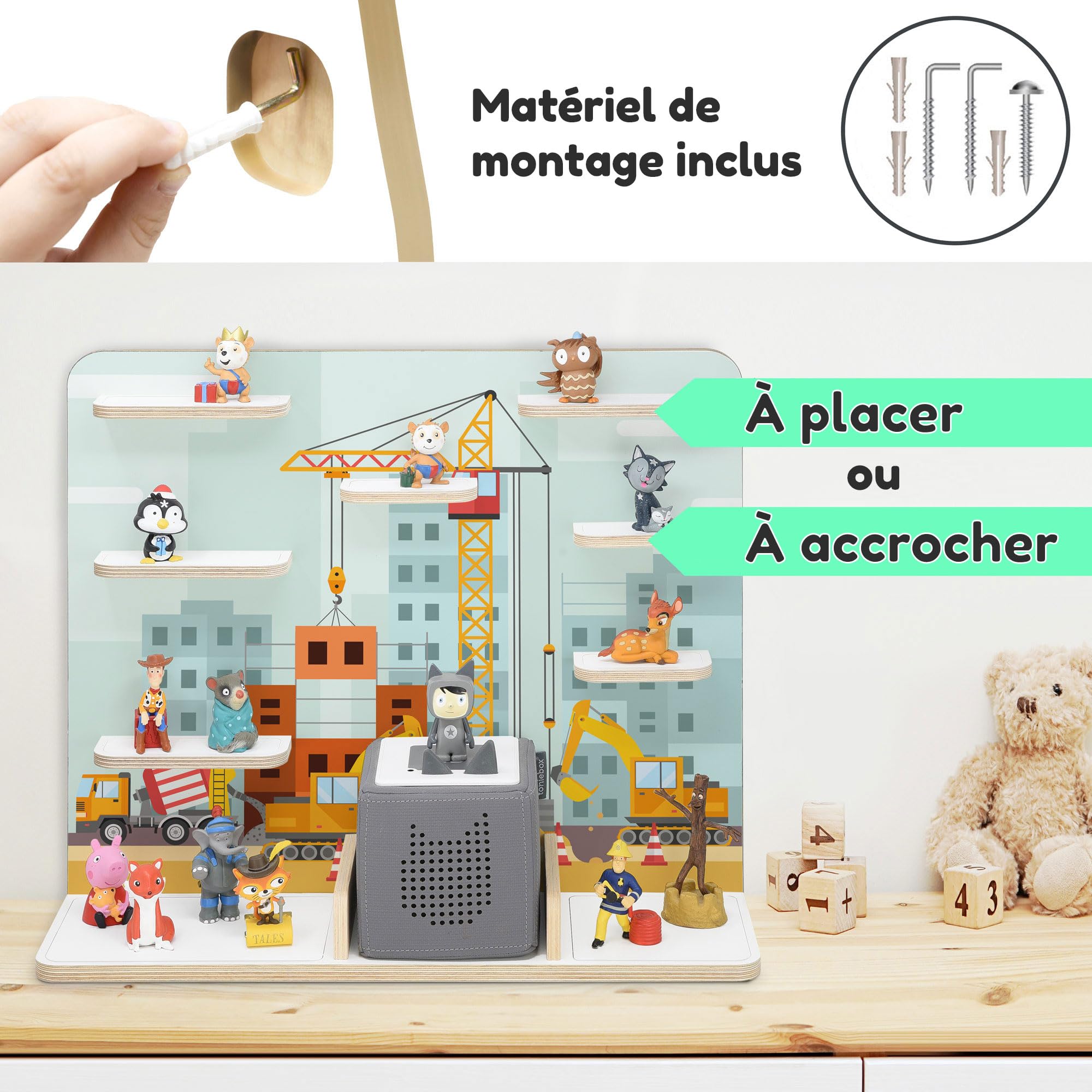 stadtecken Étagère en Bois | Support Mural Compatible avec Toniebox et env. 50 Tonies | Rangement Chambre d'enfant | À Poser ou à Suspendre (Chantier, Grand modèle)