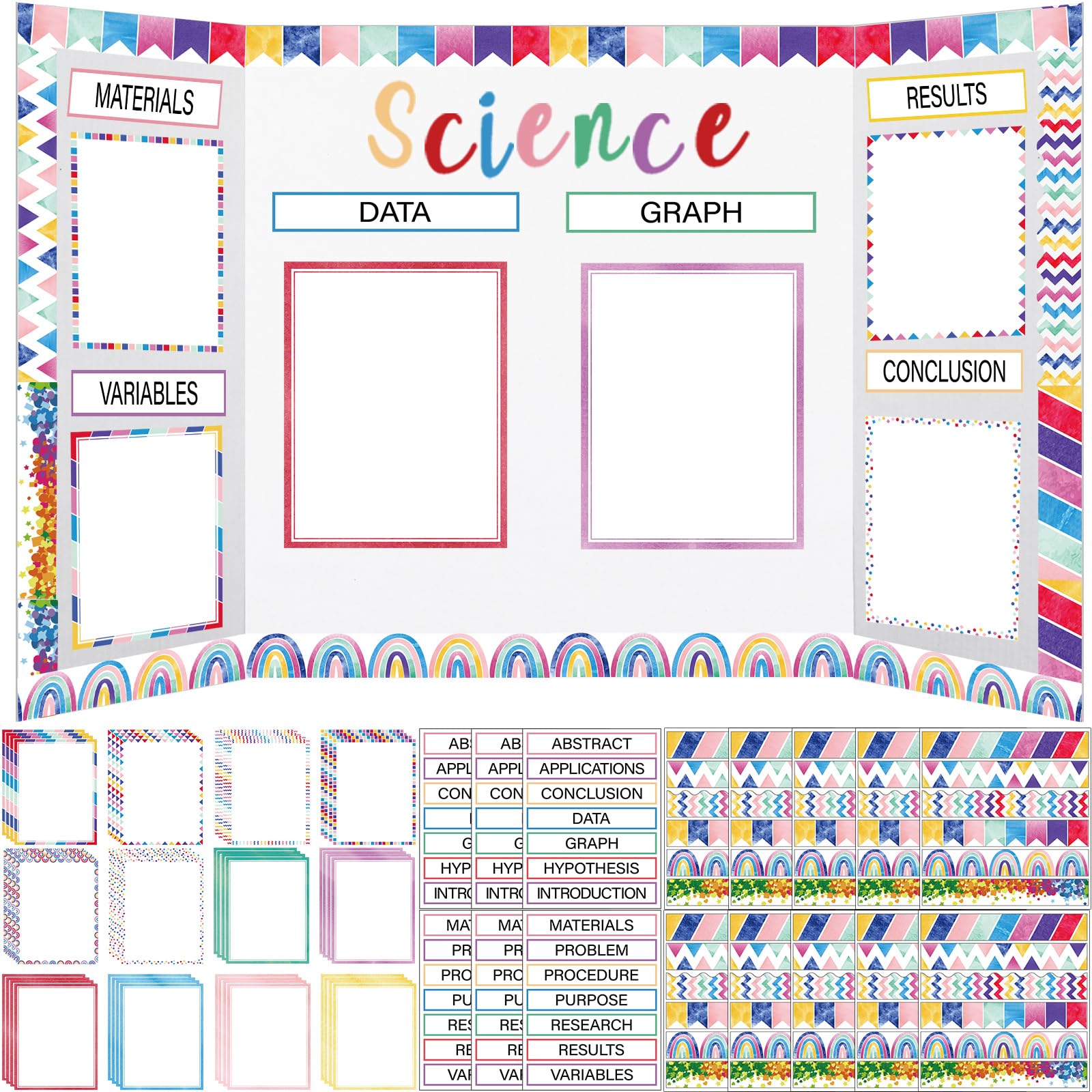 Photo 1 of **BENT**Dispowreath 114 Pcs Science Fair Board Supplies 60 Trim Scalloped Poster Boards 48 Presentation Subtitles 6 Project Titles for Classroom Display Boards (Happy Style)