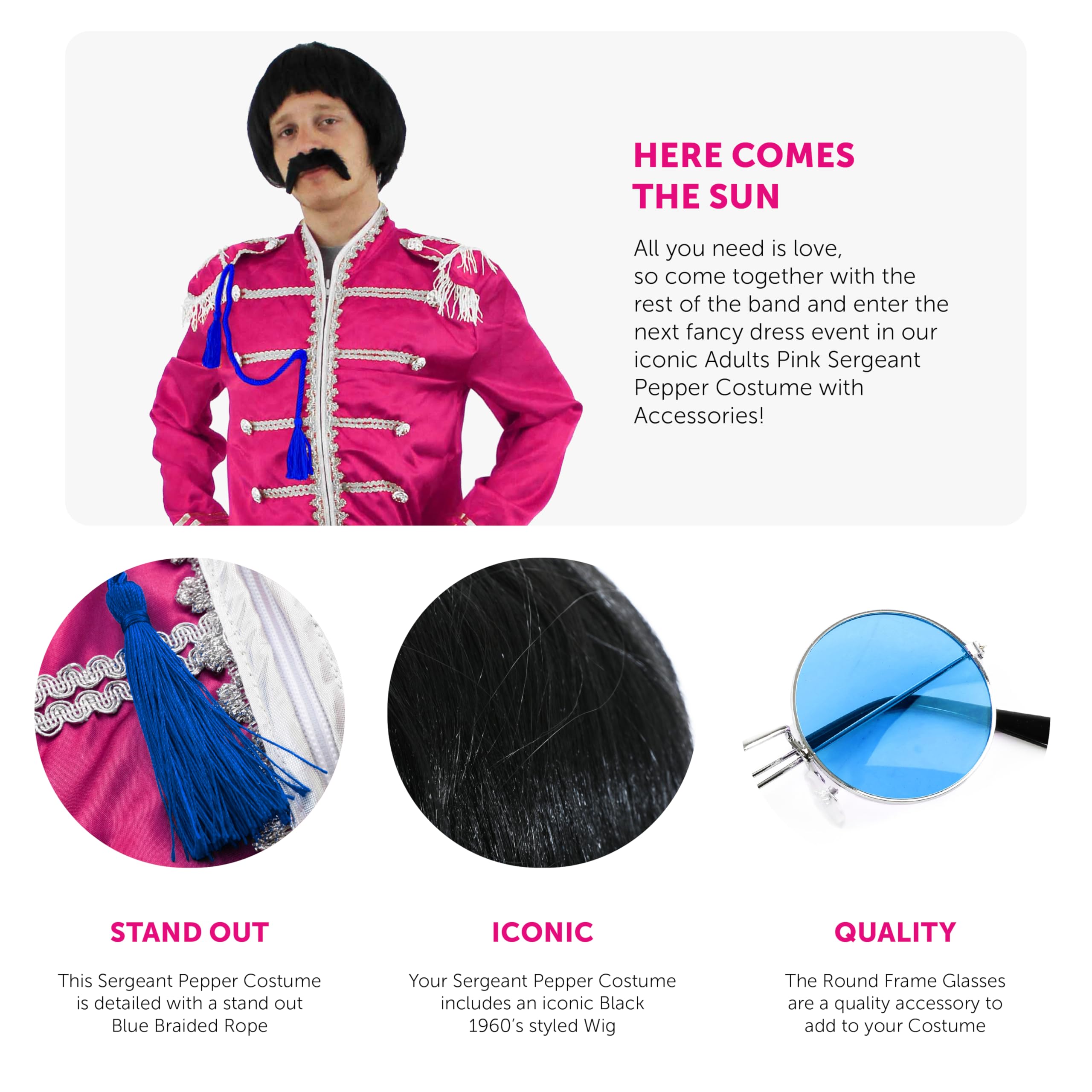 Conjunto de disfraz de banda rosa de los años 60, incluye chaqueta, guitarra de la bandera británica, peluca, gafas, bigote y collar de la paz