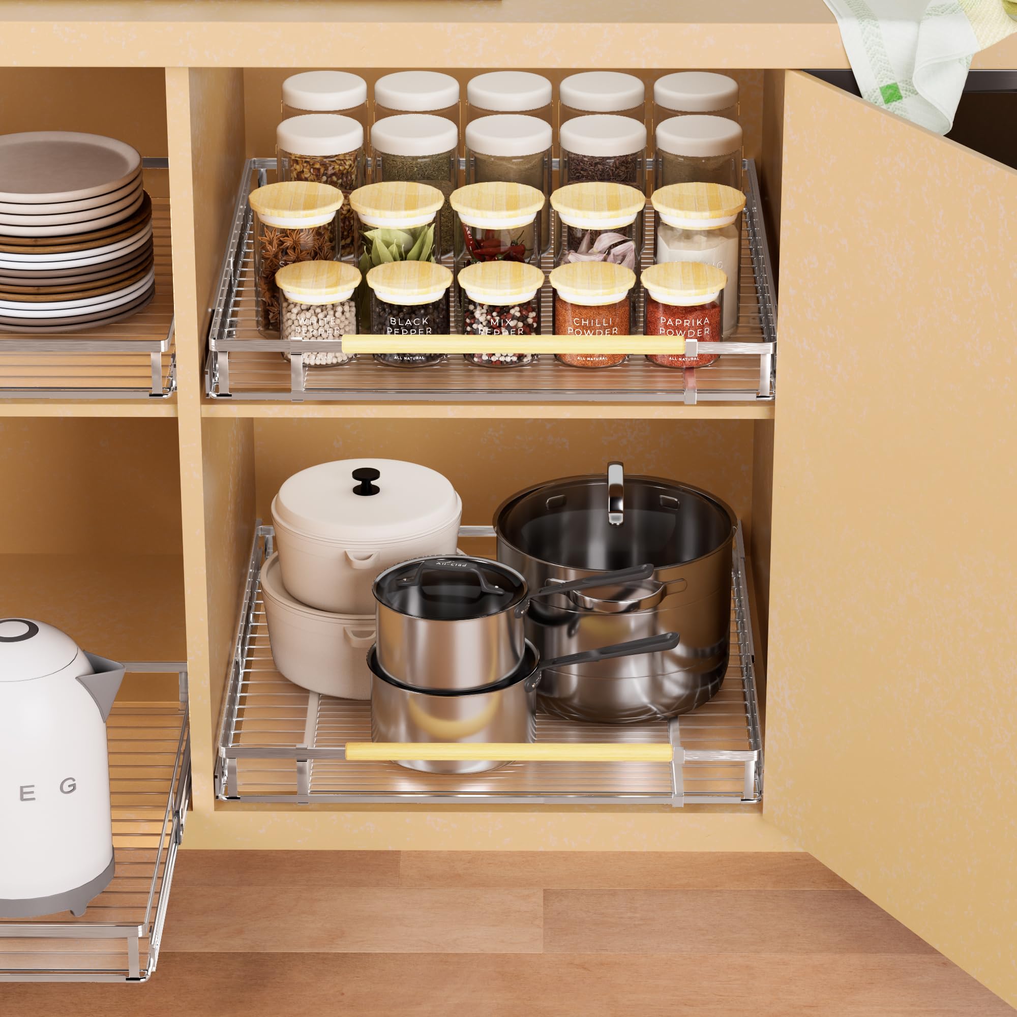 Organiseur extensible coulissant en acier inoxydable robuste pour casseroles et poêles, chromé