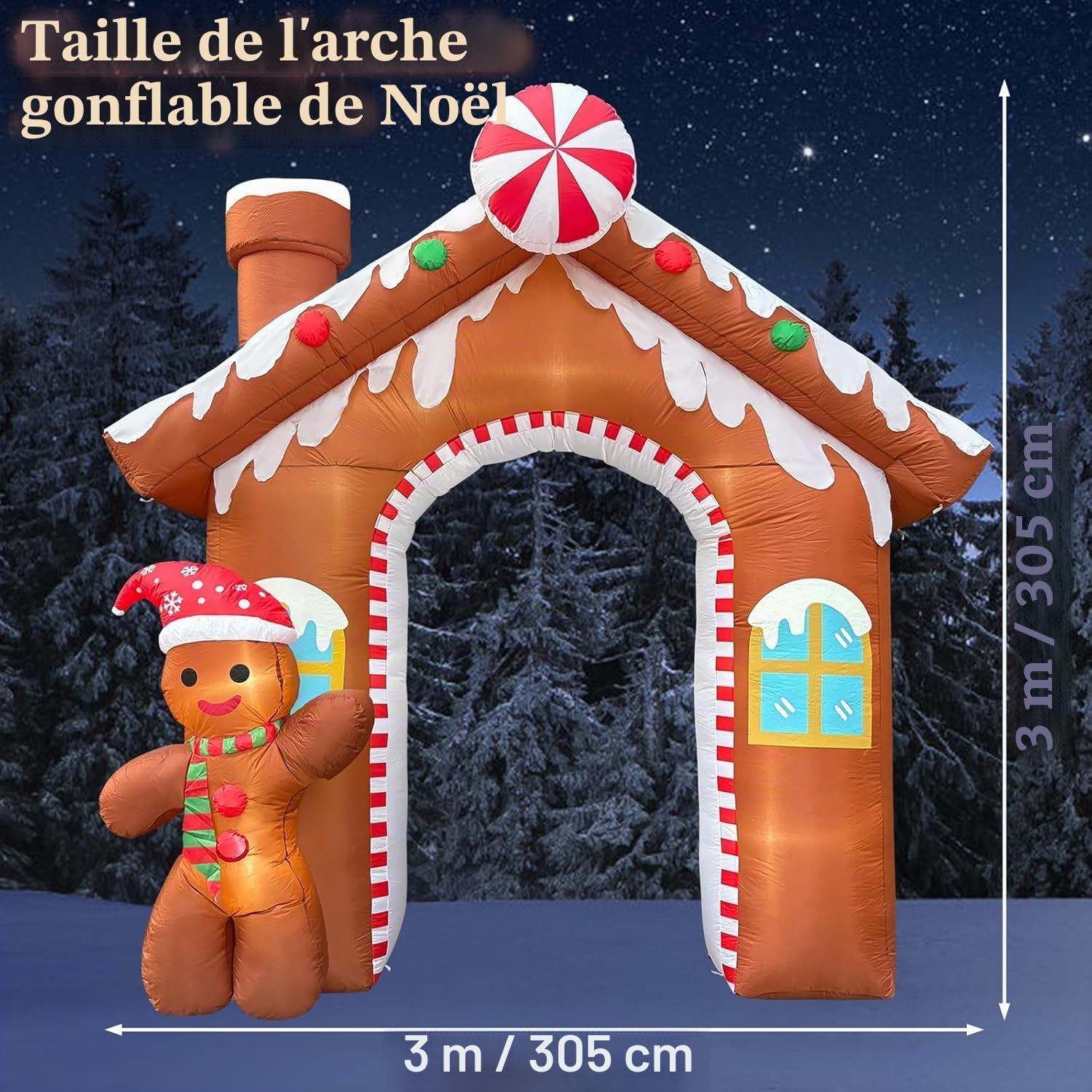 Arche gonflable de Noël en forme de maison en pain d'épice de 3 mètres, avec bonhomme en pain d'épice et lumières LED intégrées. Décoration idéale pour jardin, pelouse, porche et fêtes de fin d'année.