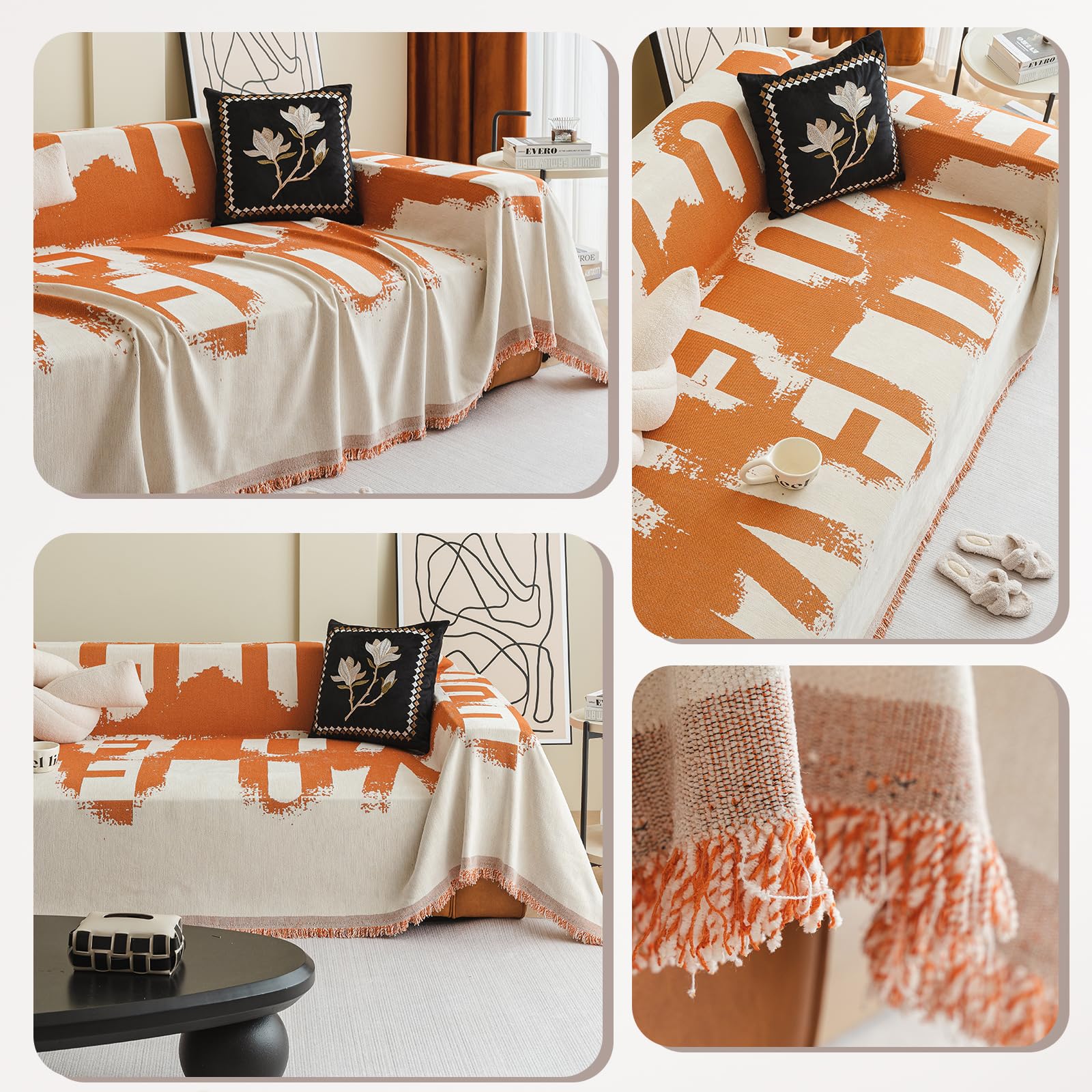Jarapas para Sofas Suave Confort Manta Sofá Manta Decorativa Sofá Dormitorio Salón Cuatro Estaciones Tejido Borla Tela Cubre Sofa 180 * 340cm-Naranja